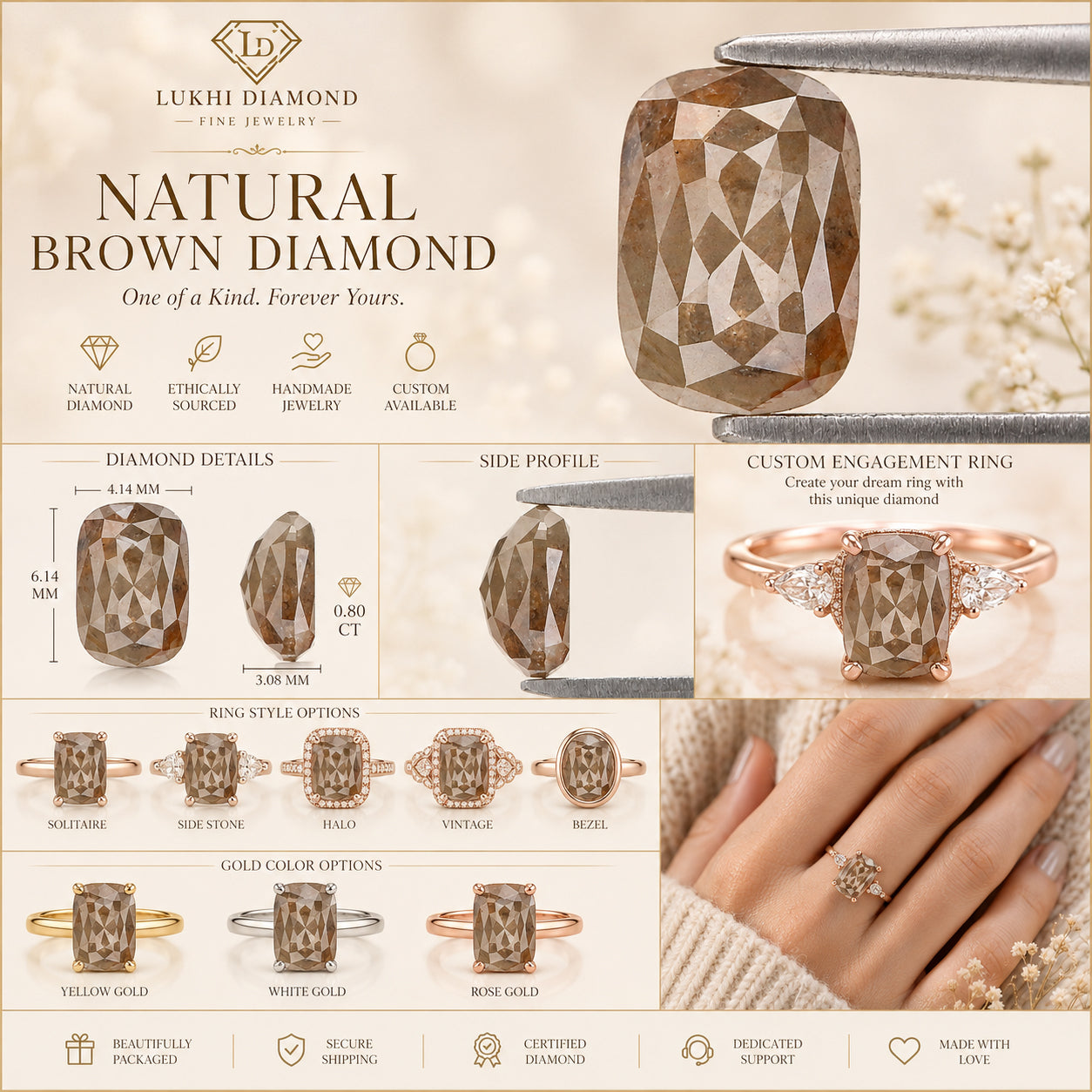 Natural Cushion Diamond 0.80 CT Loose Rose Cut Brown Stone 6.15 MM Rustic Diamond For Custom Engagement Ring L3625