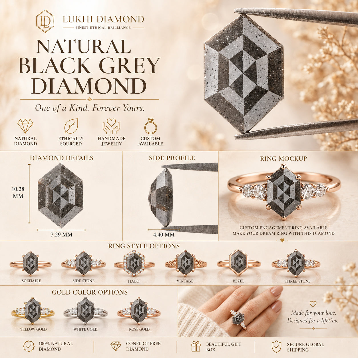 Natural Hexagon Black Grey Diamond 2.37 CT Loose Rose Cut Stone 10.28 MM Rustic Diamond Hexagon Diamond For Custom Engagement Ring L3644
