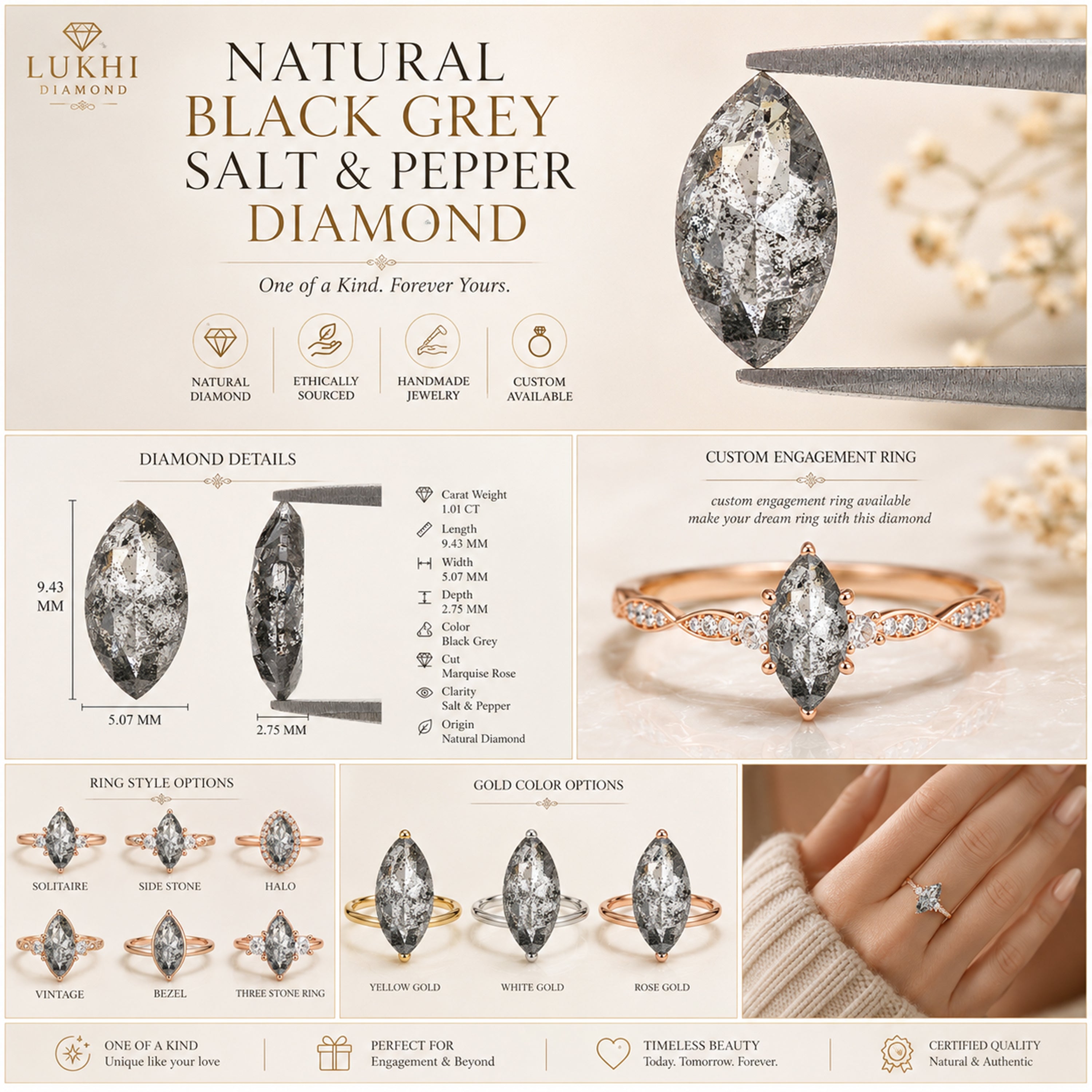 Natural Marquise Salt And Pepper Diamond 1.01 CT Loose Rose Cut Black Grey Stone 9.43 MM Rustic Diamond For Custom Engagement Ring L3686