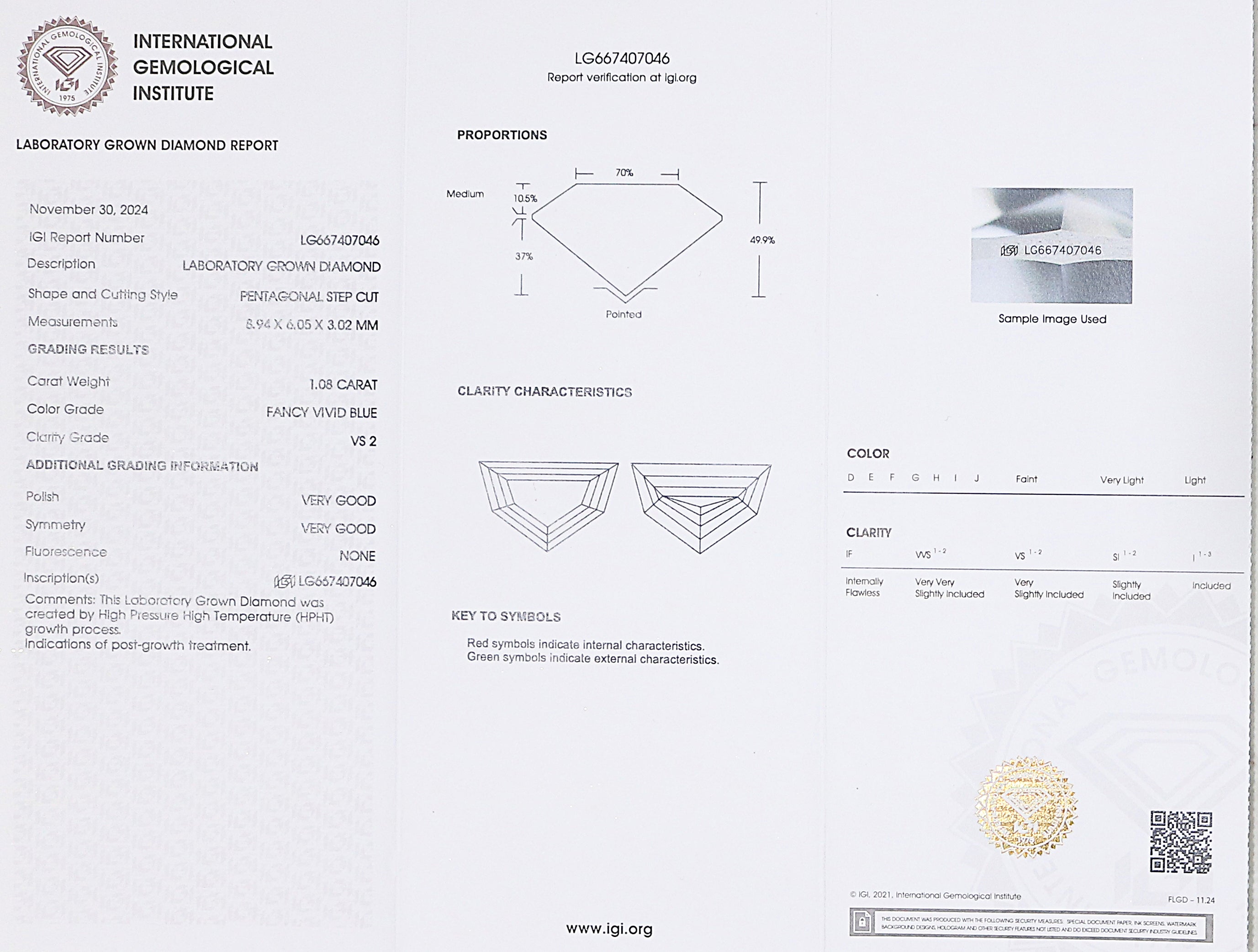 1.08 CT IGI Certified Pentagonal Step Cut Fancy Vivid Blue Color Diamond VS2 Clarity Diamond Lab Grown CVD Diamond Lab Created Diamond L3228