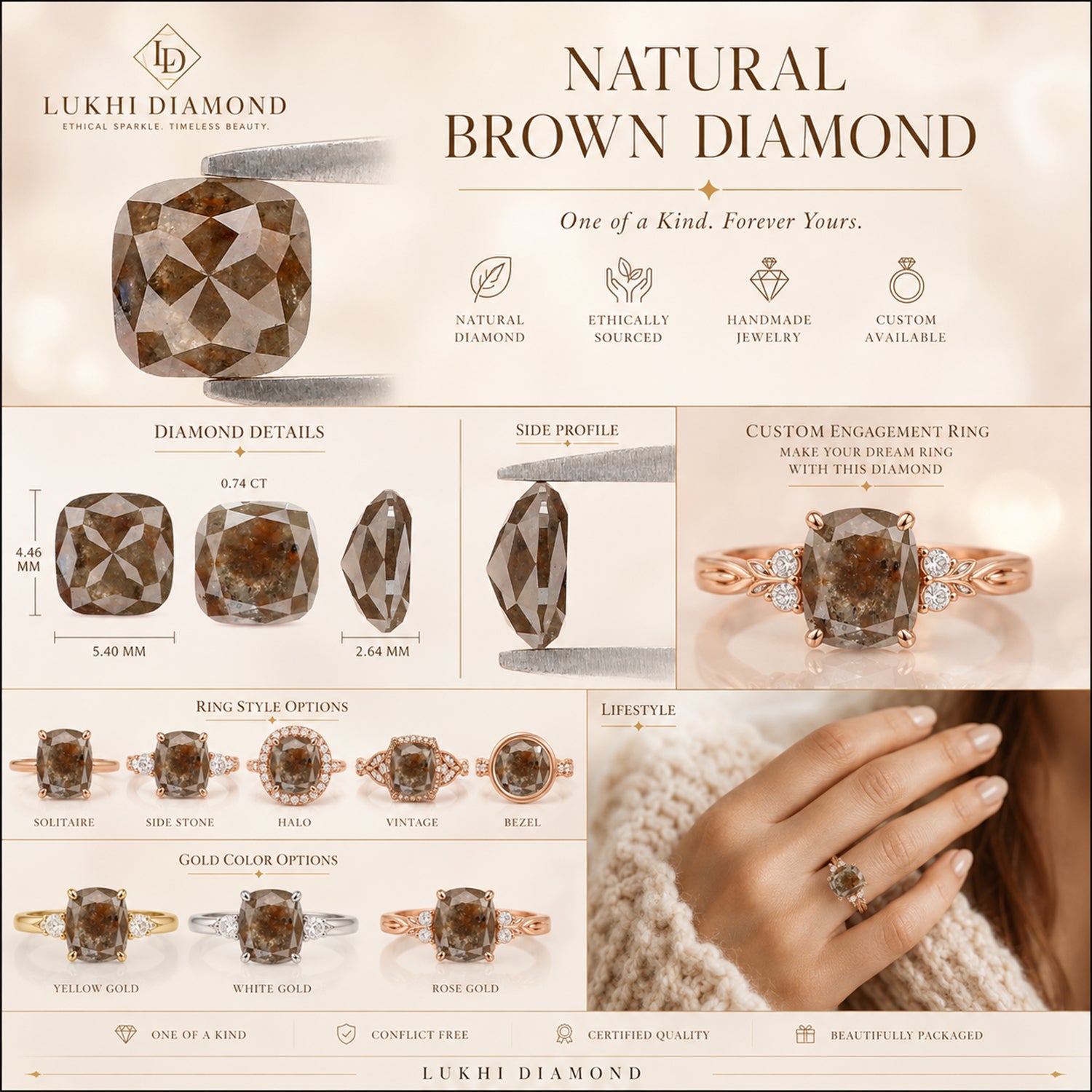 Natural Cushion Brown Diamond 0.74 CT Loose Rose Cut Brown Stone 5.45 MM Rustic Diamond Cushion Diamond For Custom Engagement Ring L3626