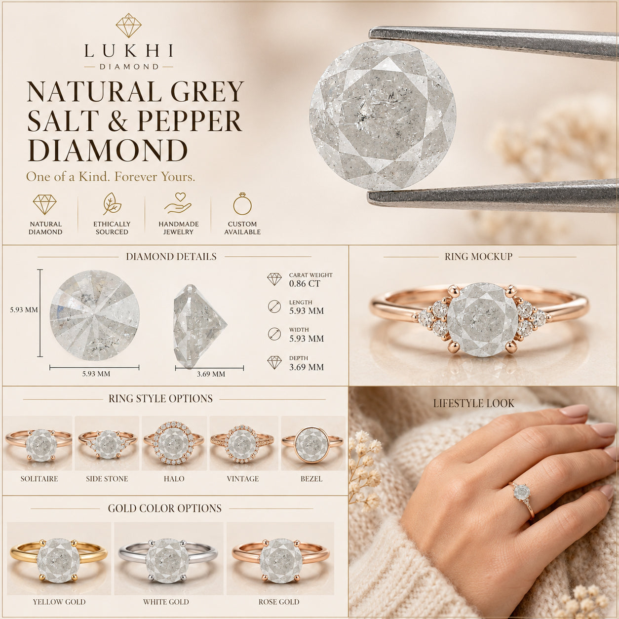 Natural Round Salt and Pepper Diamond 0.86 CT Loose Brilliant Cut Grey Color Stone 5.95 MM Rustic Diamond For Custom Engagement Ring L3619
