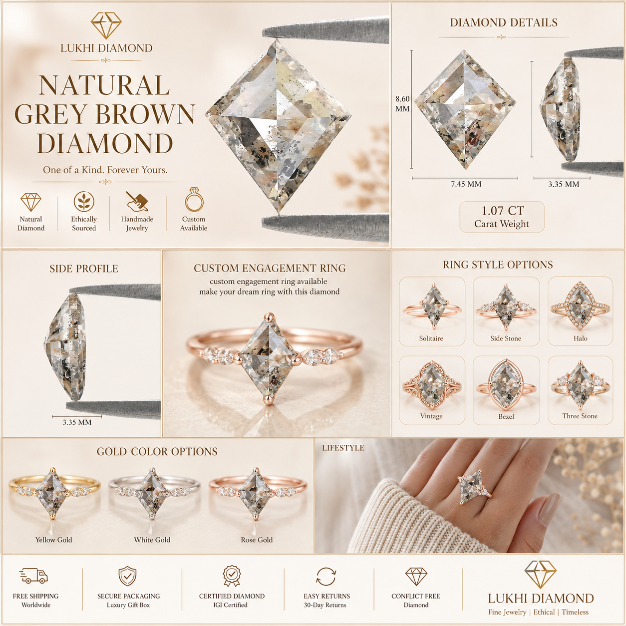 1.07 Ct Natural Loose Kite Shape Diamond Gray Brown Color Kite Shape Diamond 8.60 MM Natural Loose Diamond Kite Rose Cut Diamond QK2176