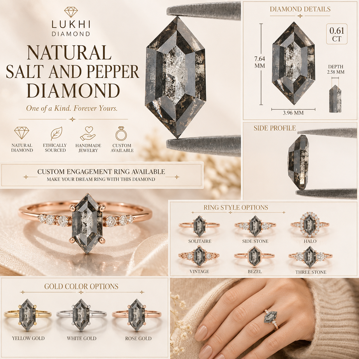 0.61 CT Natural Loose Hexagon Cut Diamond Salt And Pepper Hexagon Diamond 7.65 MM Natural Loose Black Grey Color Hexagon Cut Diamond QL9458