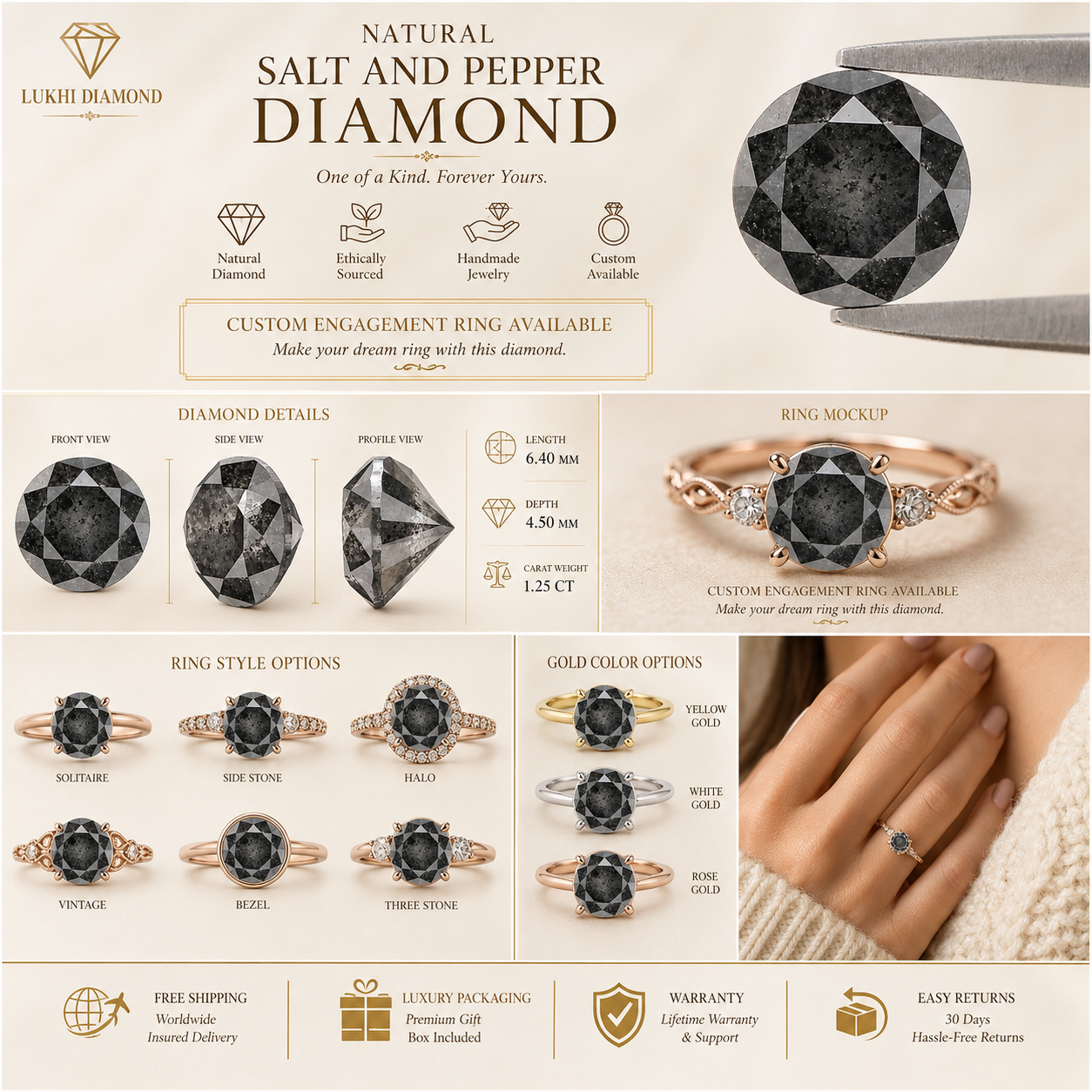 1.25 CT Natural Loose Round Shape Diamond Black Grey Color Round Cut Diamond 6.40 MM Salt And Pepper Round Brilliant Cut Diamond QL8301