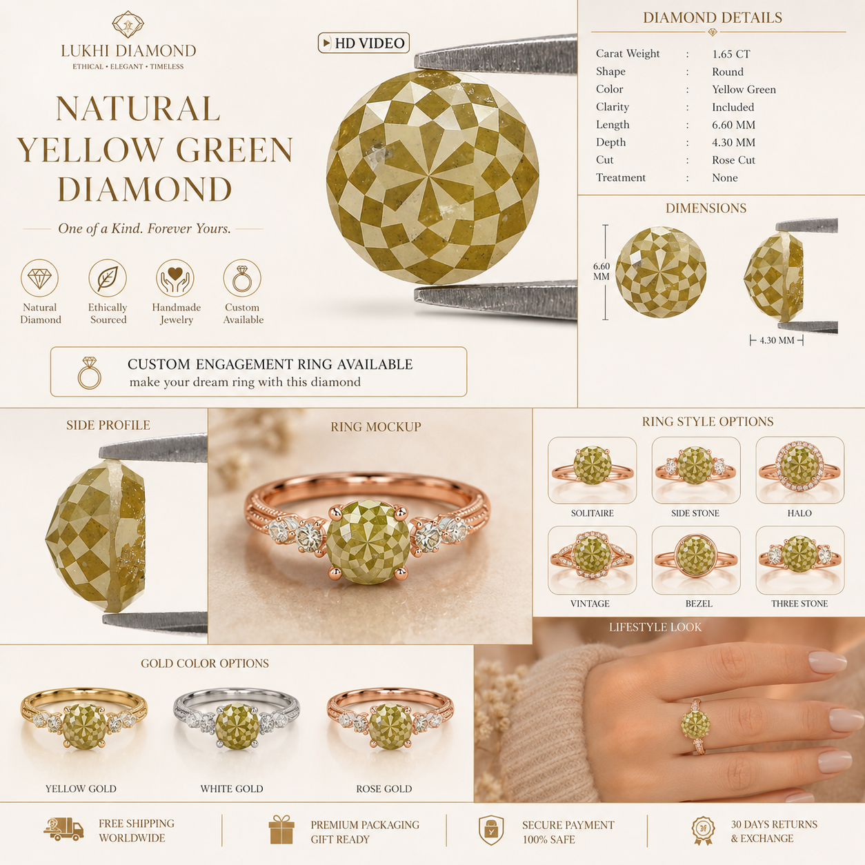 1.65 CT Natural Loose Round Rose Cut Diamond Yellow Color Round Shape Diamond 6.60 MM Natural Yellow Color Round Rose Cut Diamond LQ5279