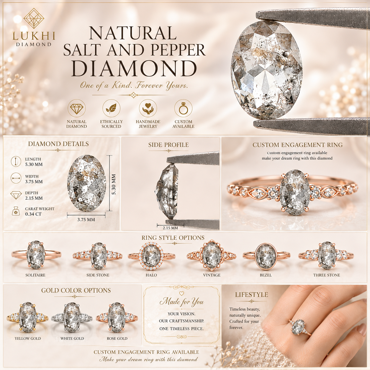 0.34 CT Natural Loose Oval Shape Diamond Salt And Pepper Oval Rose Cut Diamond 5.30 MM Black Grey Color Oval Shape Rose Cut Diamond KQ2281