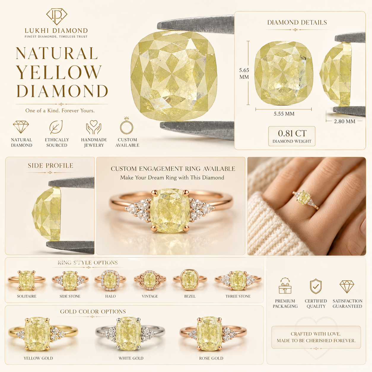 0.81 CT Natural Loose Cushion Shape Diamond Yellow Color Cushion Cut Diamond 5.65 MM Natural Yellow Diamond Cushion Rose Cut Diamond QL9098