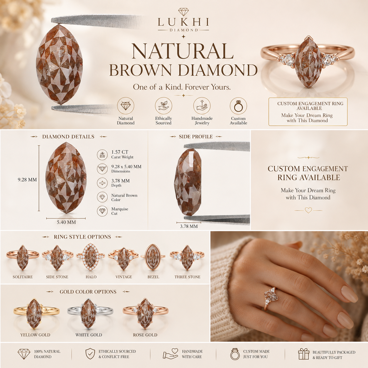 Natural Marquise Brown Diamond 1.57 CT Loose Rose Cut Brown Color Stone 9.30 MM Rustic Marquise Diamond For Custom Engagement Ring L3652
