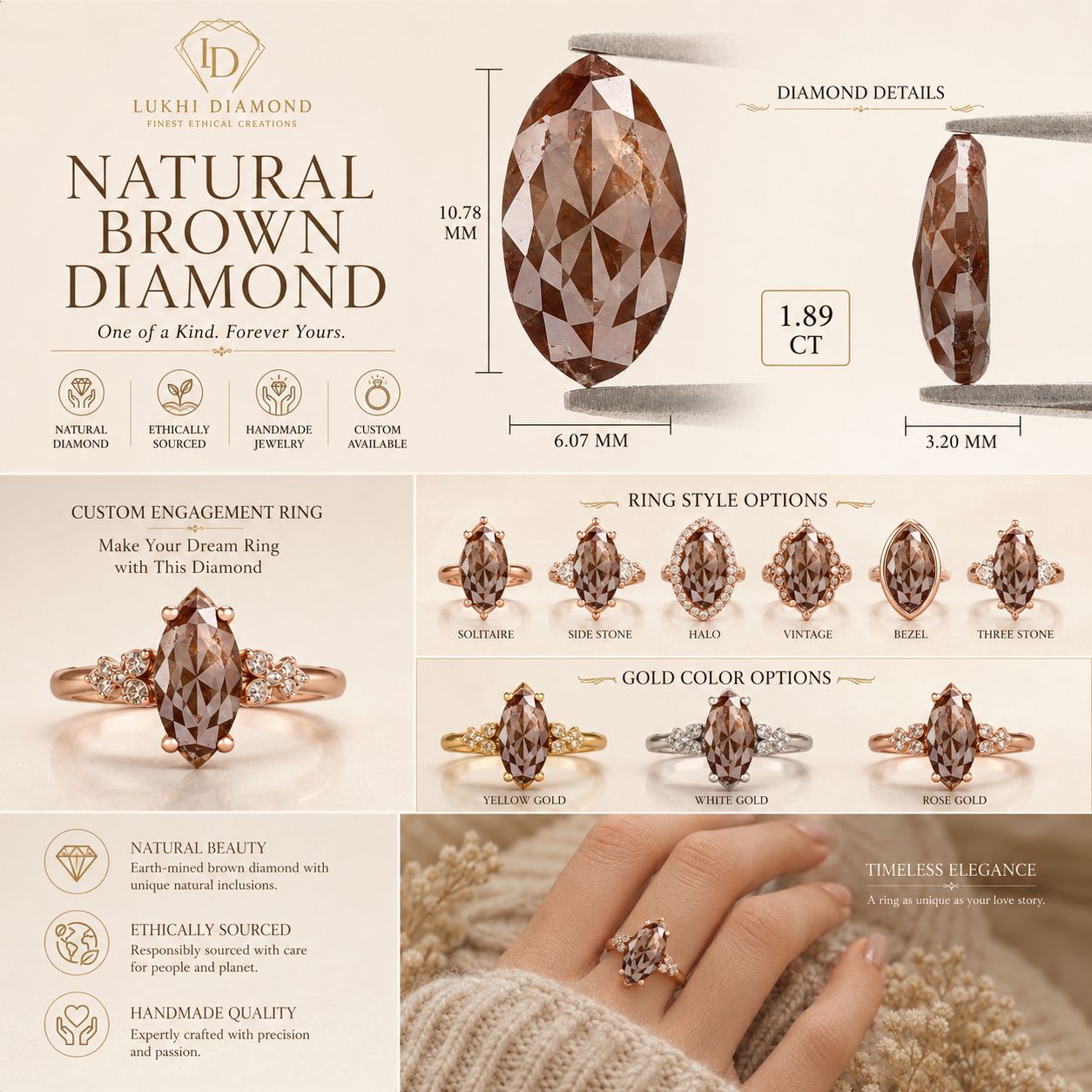 Natural Marquise Brown Diamond 1.89 CT Loose Rose Cut Brown Color Stone 10.80 MM Rustic Marquise Diamond For Custom Engagement Ring L3655