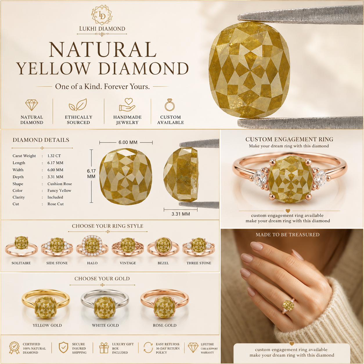 Natural Cushion Yellow Diamond 1.32 CT Loose Rose Cut Yellow Stone 6.15 MM Rustic Diamond Cushion Diamond For Custom Engagement Ring L3657