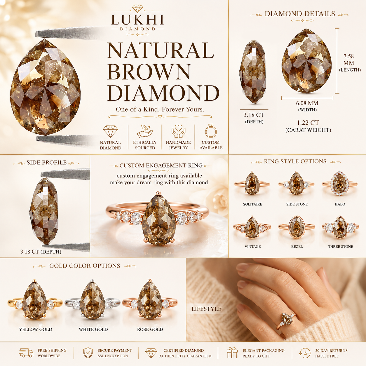 Natural Pear Brown Diamond 1.22 CT Loose Rose Cut Brown Stone 7.60 MM Rustic Diamond Pear Diamond For Custom Engagement Ring L3661