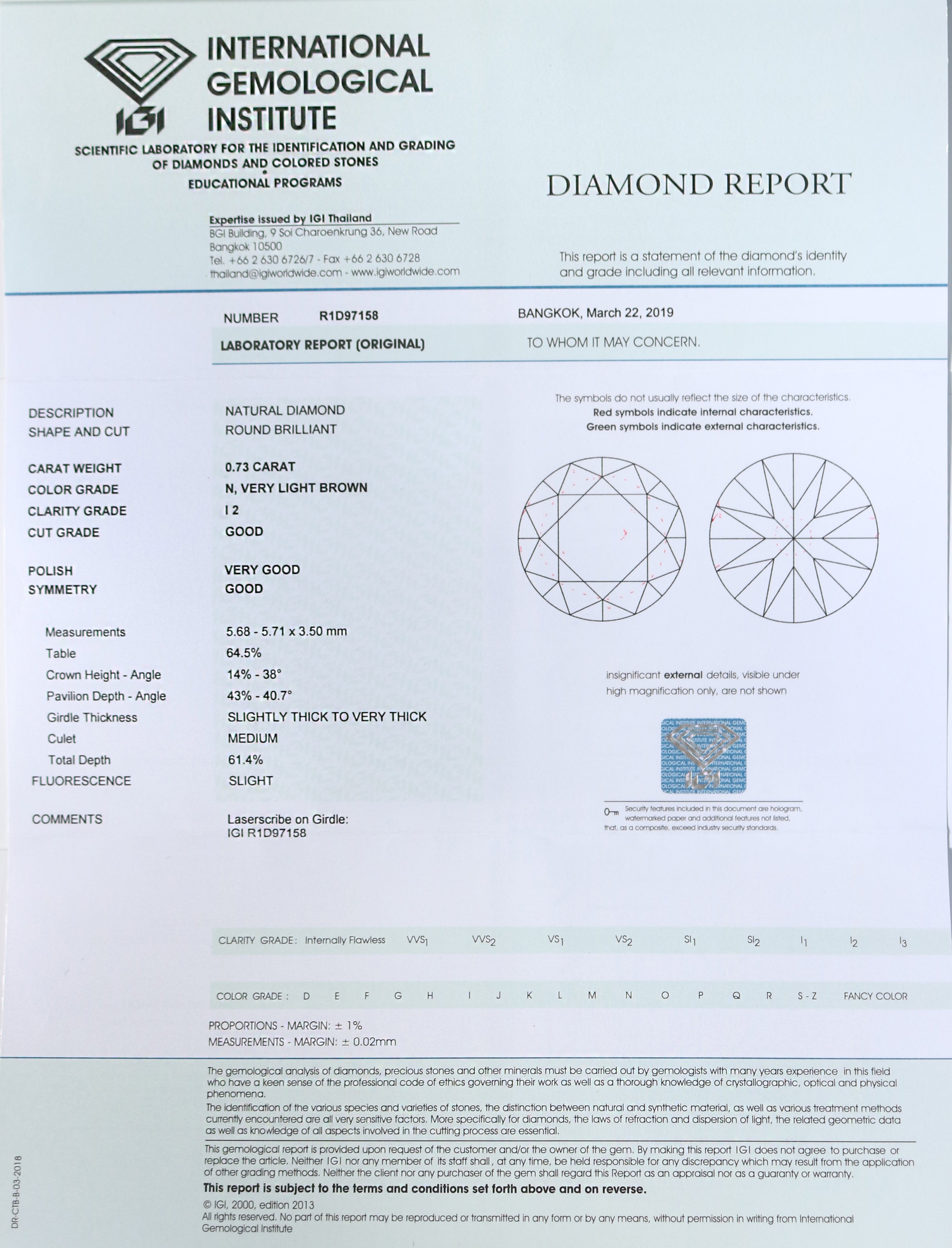 IGI Certified Natural Loose Round Brilliant Cut Very Light Brown Color Diamond 0.73 CT 5.68 MM Round Brilliant Cut Diamond KDL2144