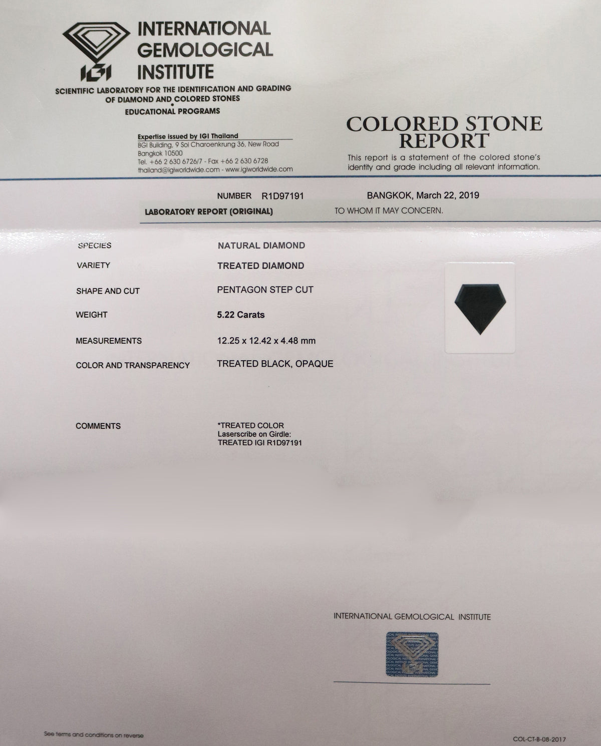 5.22 CT IGI Certified Natural Loose Pentagon Step Cut Diamond Black Color Pentagon Diamond 12.25 MM Natural Black Pentagon Diamond QL1898