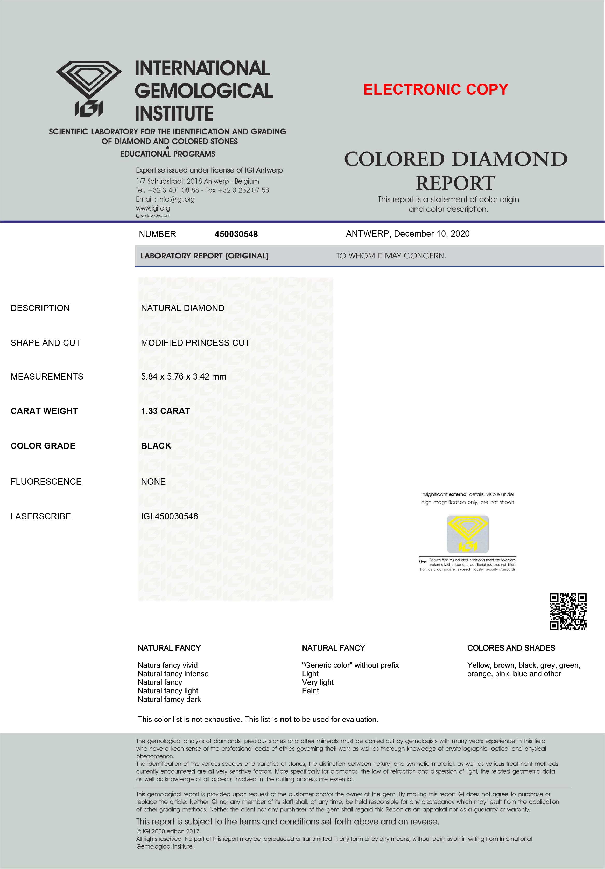 1.33 Ct IGI CERTIFIED Natural Loose Modified Princess Cut Diamond Black Color Diamond 5.85 MM Natural Black Color Princess Diamond QL8961