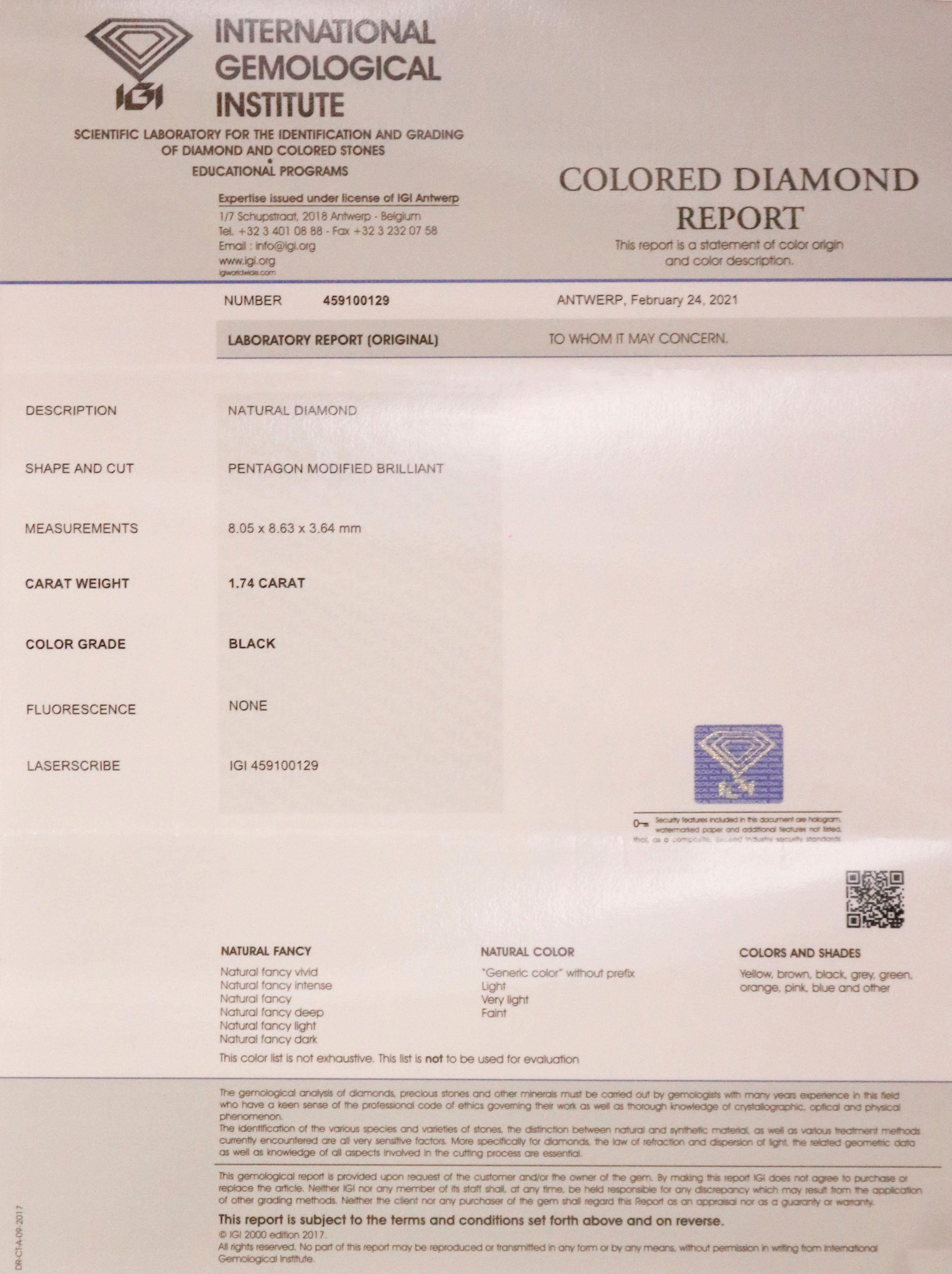 1.74 Ct IGI CERTIFIED Natural Loose Pentagon Cut Diamond Black Color Diamond 8.05 MM Natural Loose Diamond Pentagon Shape Diamond QL9381