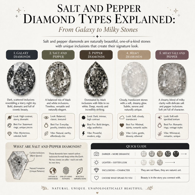 Salt and Pepper Diamond Types Explained: From Galaxy to Milky Stones