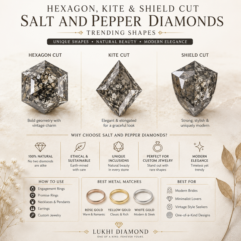 Hexagon, Kite & Shield Cut Salt and Pepper Diamonds: Trending Shapes