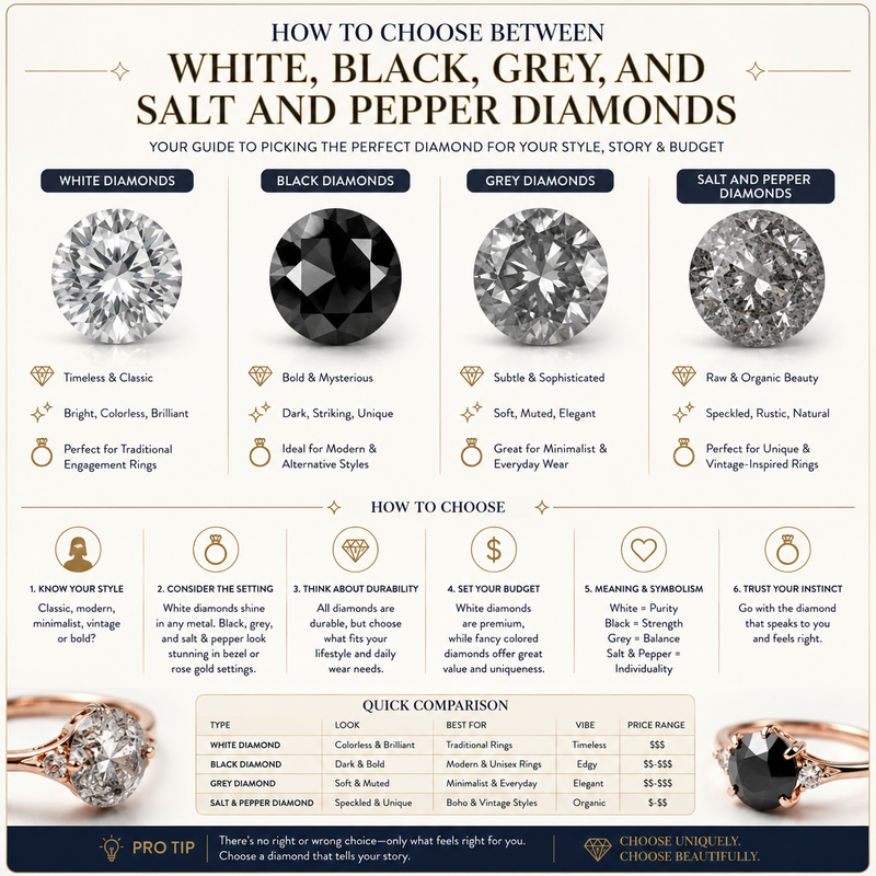 How to Choose Between White, Black, Grey, and Salt and Pepper Diamonds