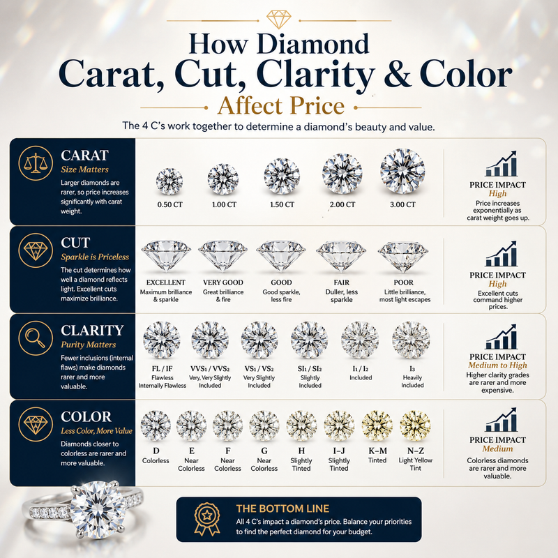 How Diamond Carat, Cut, Clarity & Color Affect Price