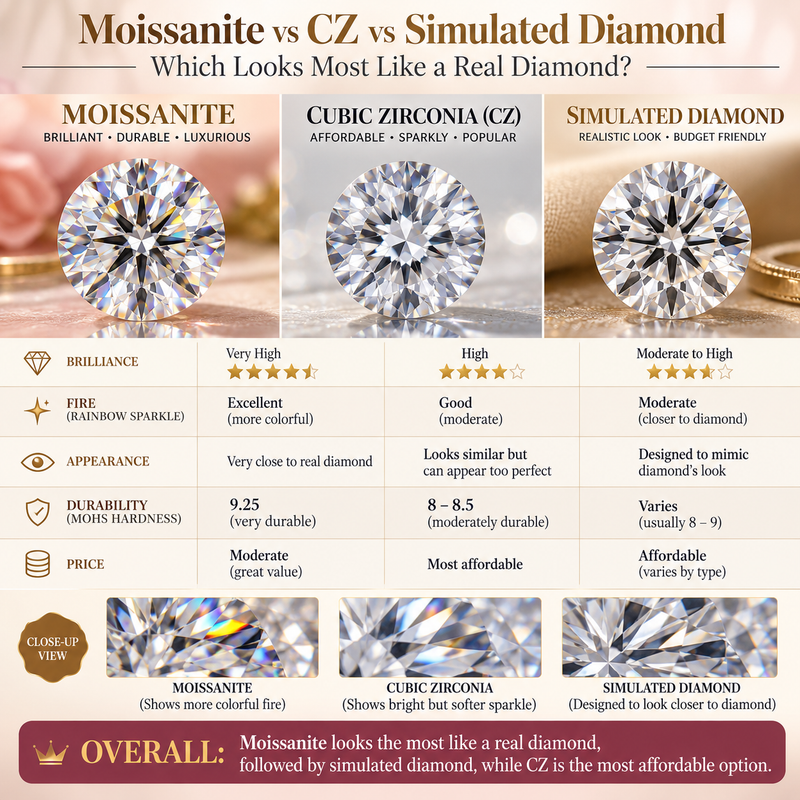 Moissanite vs CZ vs Simulated Diamond: Which Looks Most Like a Real Diamond?