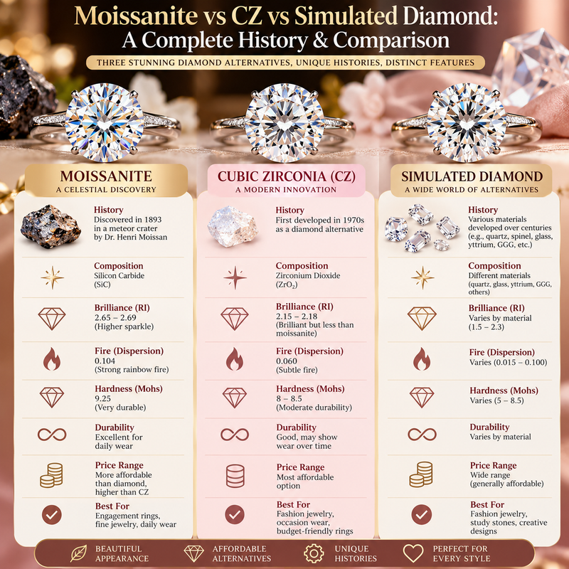 Moissanite vs CZ vs Simulated Diamond: A Complete History & Comparison
