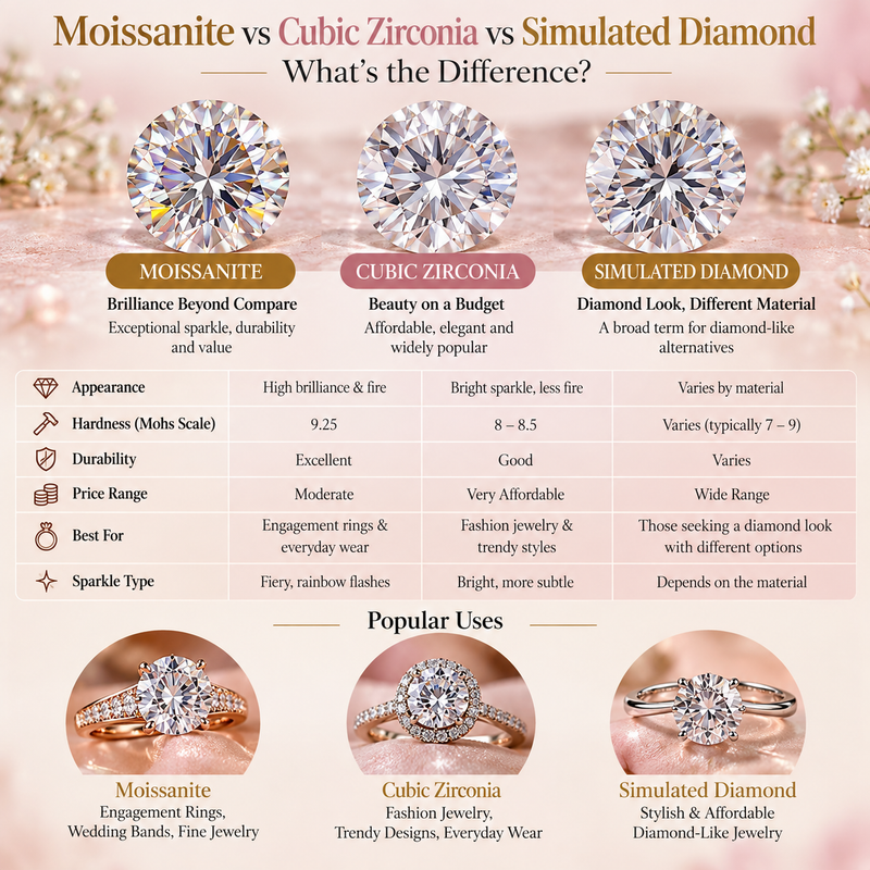 Moissanite vs Cubic Zirconia vs Simulated Diamond: What’s the Difference?