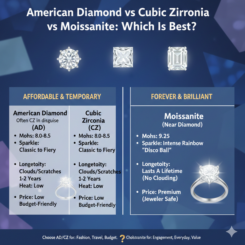 American Diamond vs Cubic Zirconia vs Moissanite: Which Is Best?