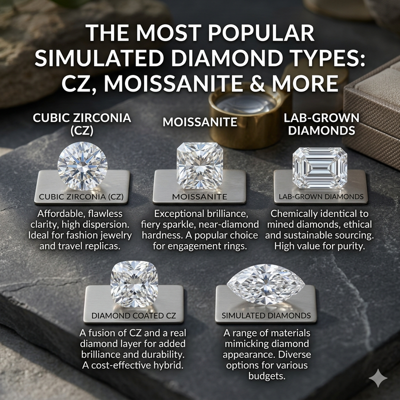 The Most Popular Simulated Diamond Types: CZ, Moissanite & More