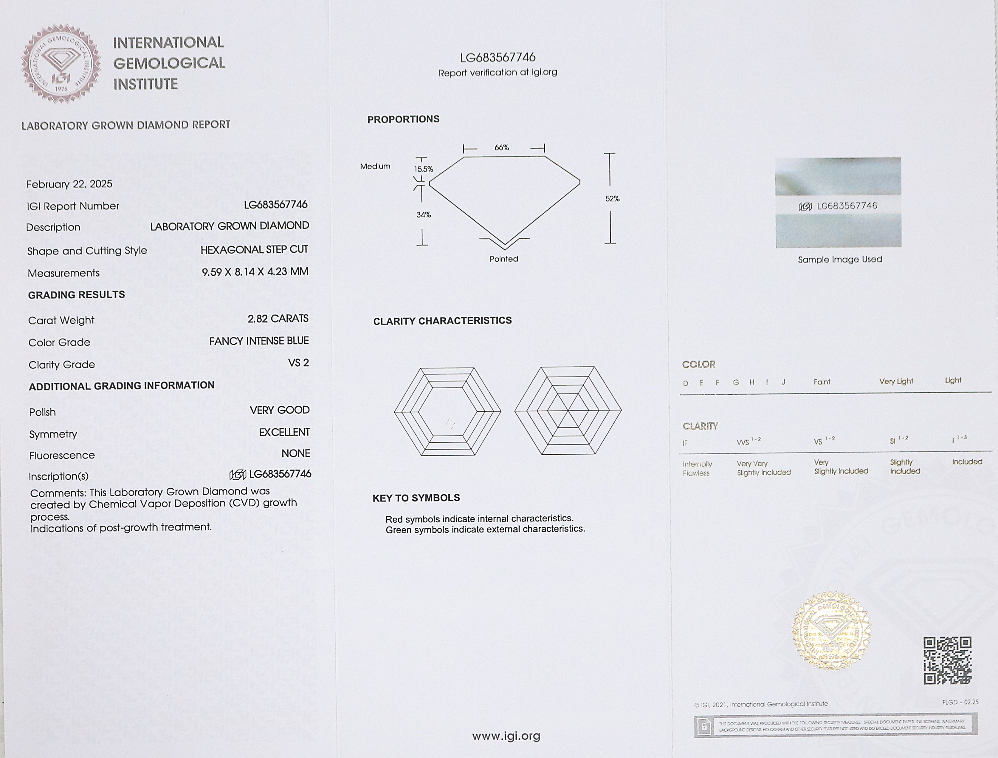 2.82 CT IGI Certified Hexagonal Step Cut Diamond Fancy Intense Blue Color VS2 Clarity Diamond Lab Grown Diamond Lab Created Diamond L3292