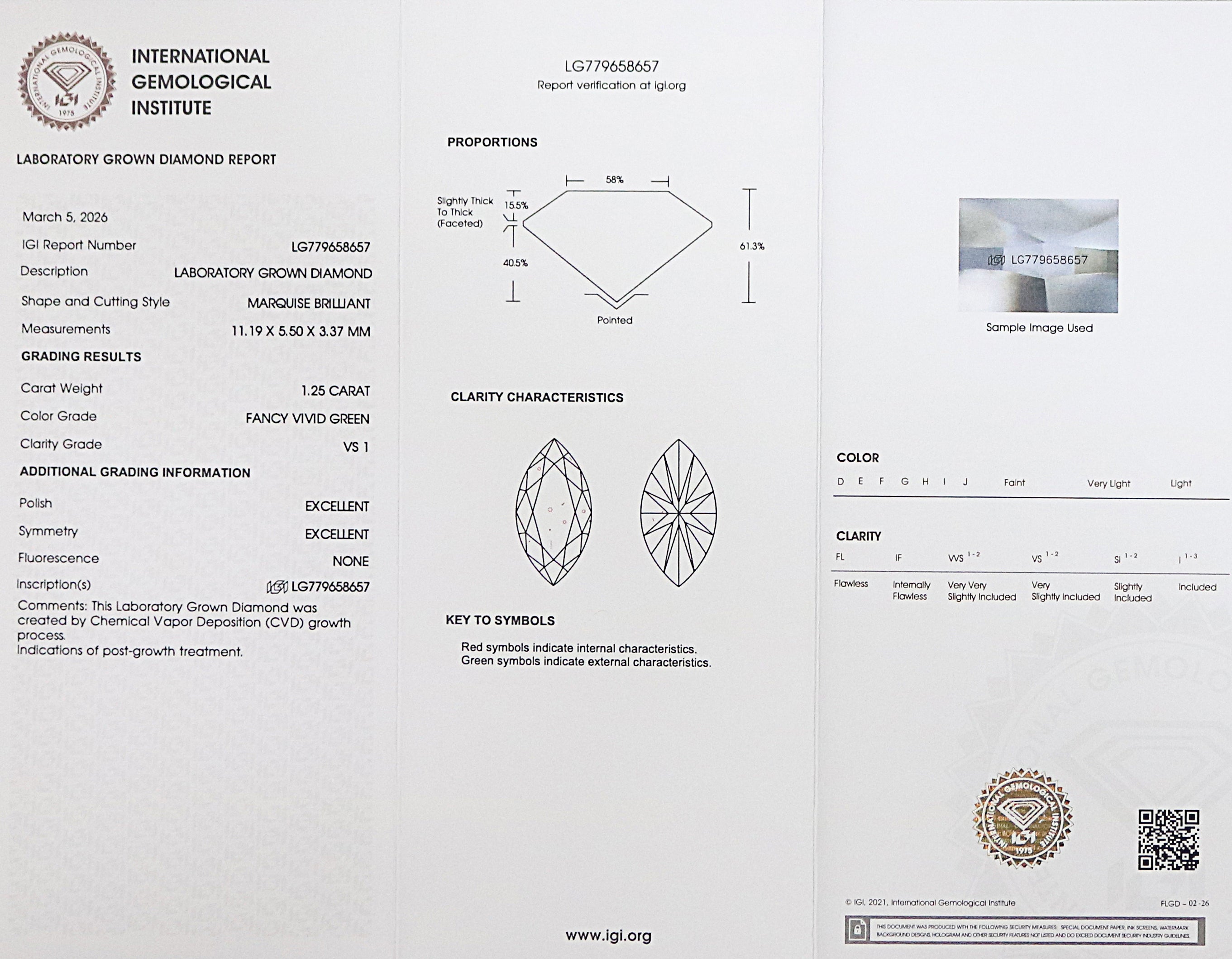 1.25 CT IGI Certified Marquise Brilliant Cut Diamond Fancy Vivid Green Color VS1 Clarity Lab Grown Diamond Lab Created CVD Diamond L3583