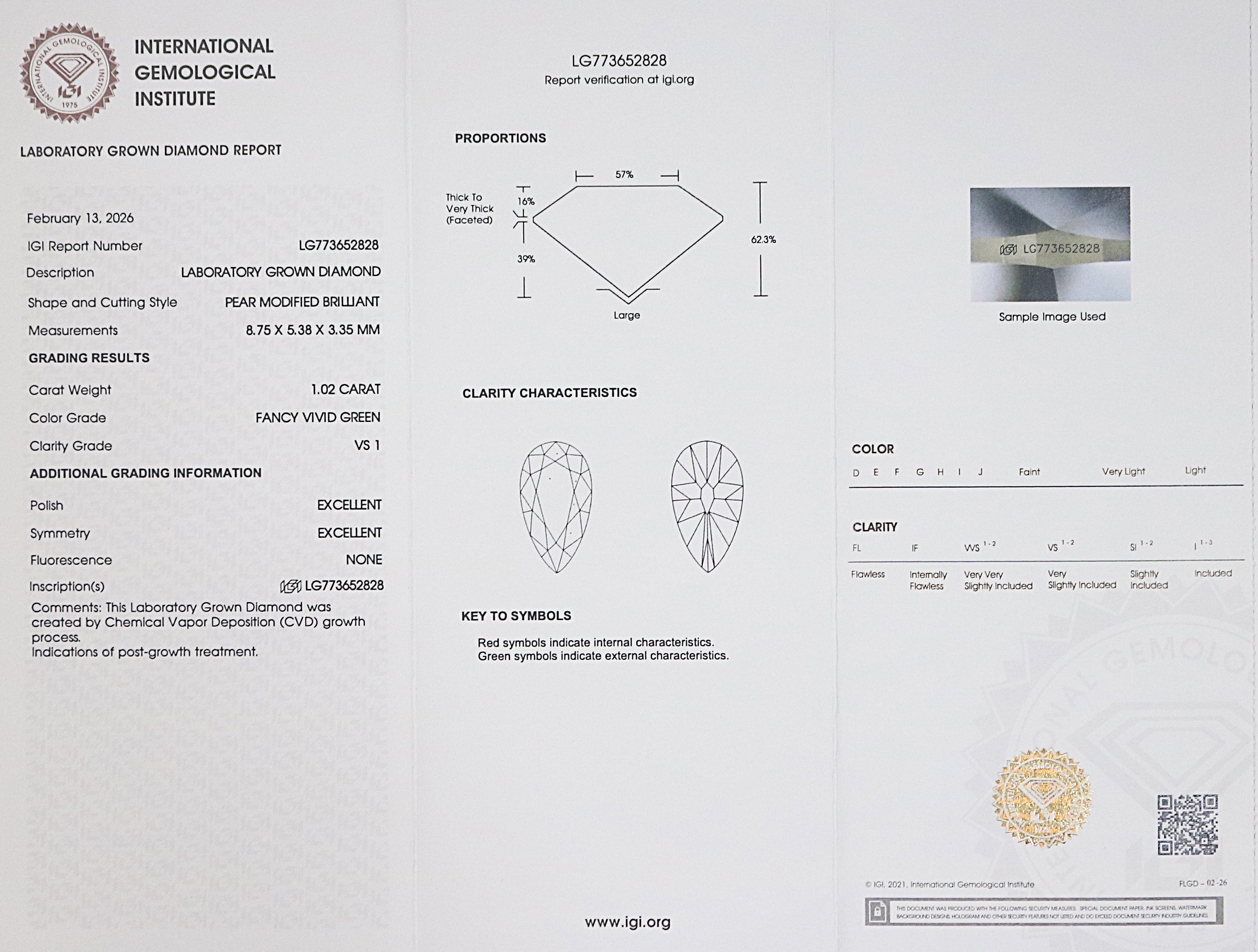 1.02 CT IGI Certified Pear Old European Cut Diamond Fancy Vivid Green Color VS1 Clarity Lab Grown Diamond Lab Created Lab Diamond L3577