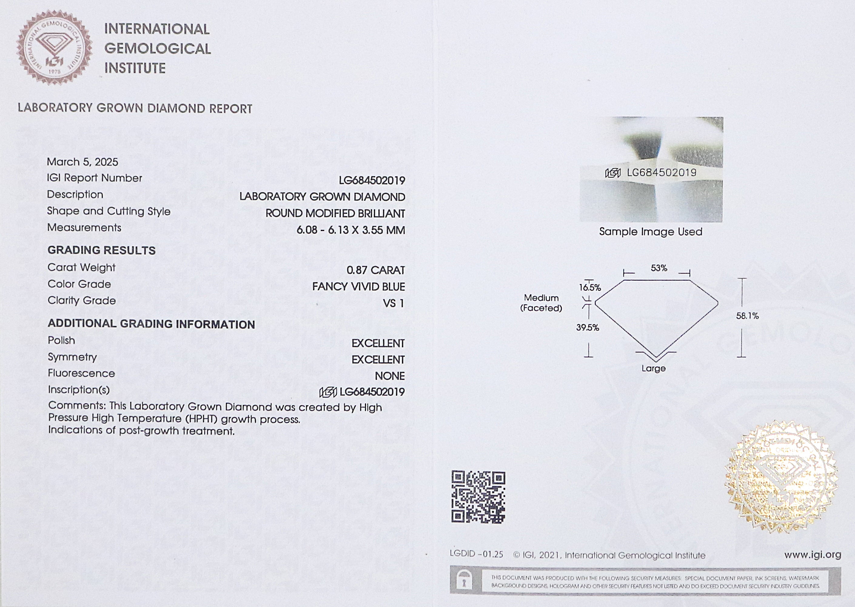 0.87 CT IGI Certified Round Old European Cut Diamond Fancy Vivid Blue Color VS1 Clarity Lab Grown Diamond Lab Created CVD Diamond L3310