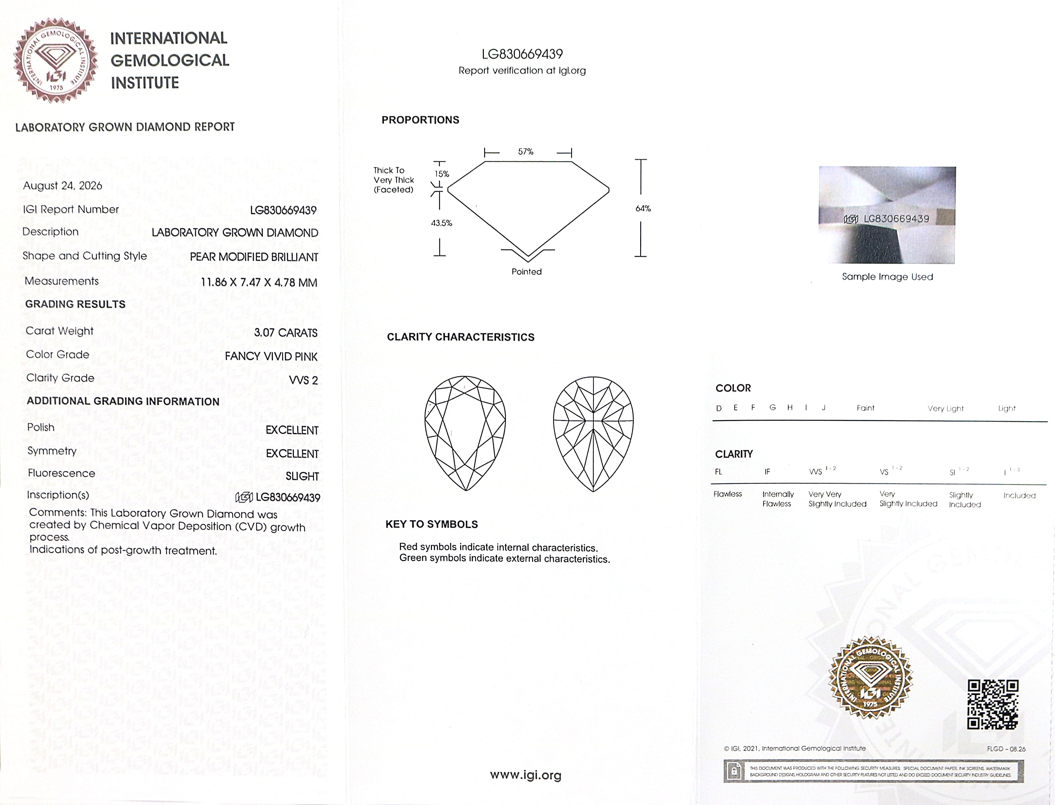 3.07 CT IGI Certified Pear Modified Brilliant Cut Diamond Fancy Vivid Pink Color VVS2 Clarity Lab Grown Diamond Lab Created Diamond L3689