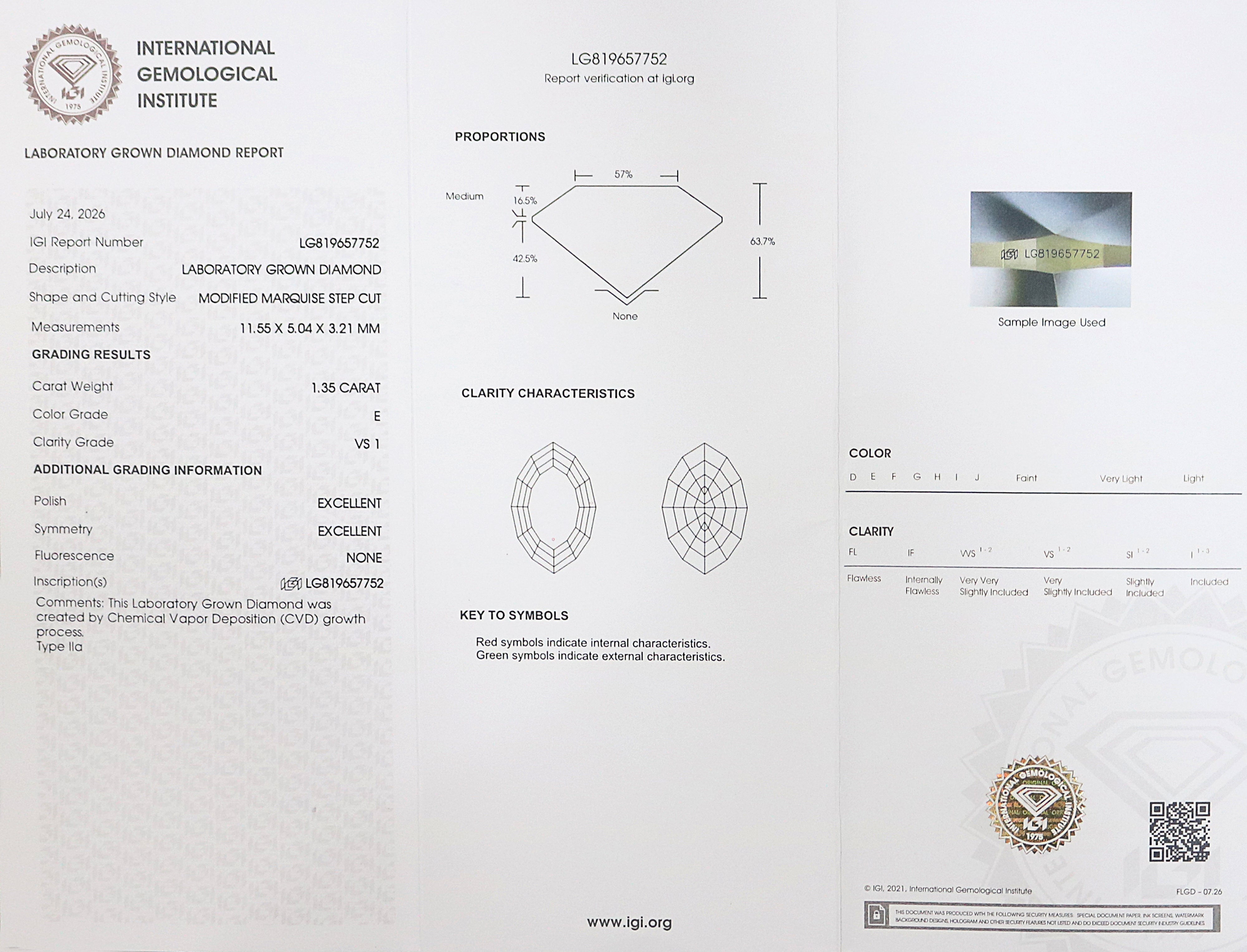 1.35 CT IGI Certified Modified Marquise Step Cut Diamond White - E Color VS1 Clarity Lab Grown Diamond Lab Created Marquise Diamond L3678