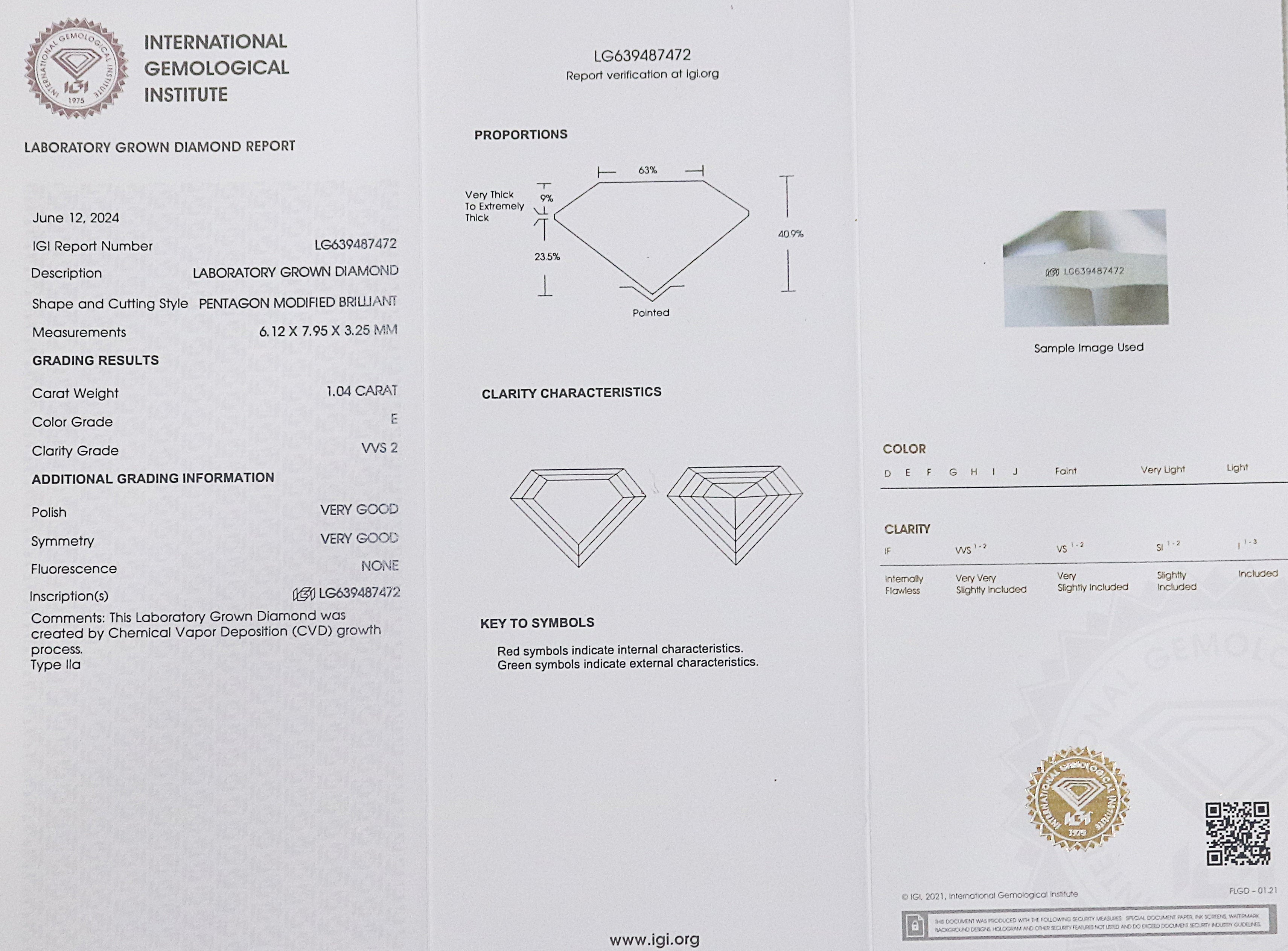 1.04 CT IGI Certified Shield Modified Brilliant Cut Diamond White - E Color VVS2 Clarity Lab Grown Diamond Lab Created CVD Diamond Q178