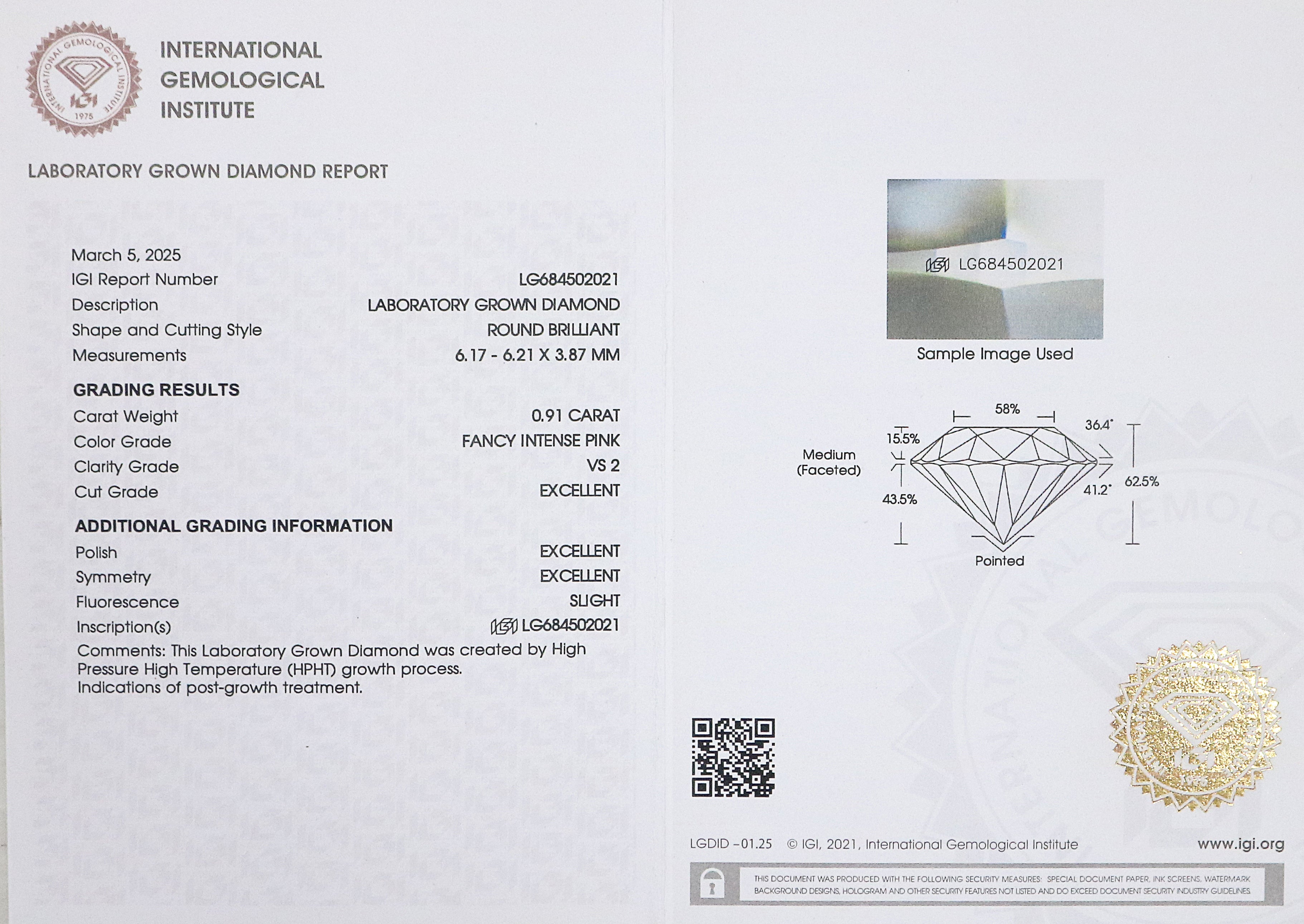 0.91 CT IGI Certified Round Brilliant Cut Fancy Intense Pink Color VS2 Clarity Diamond Lab Grown Diamond Lab Created Round CVD Diamond L3308