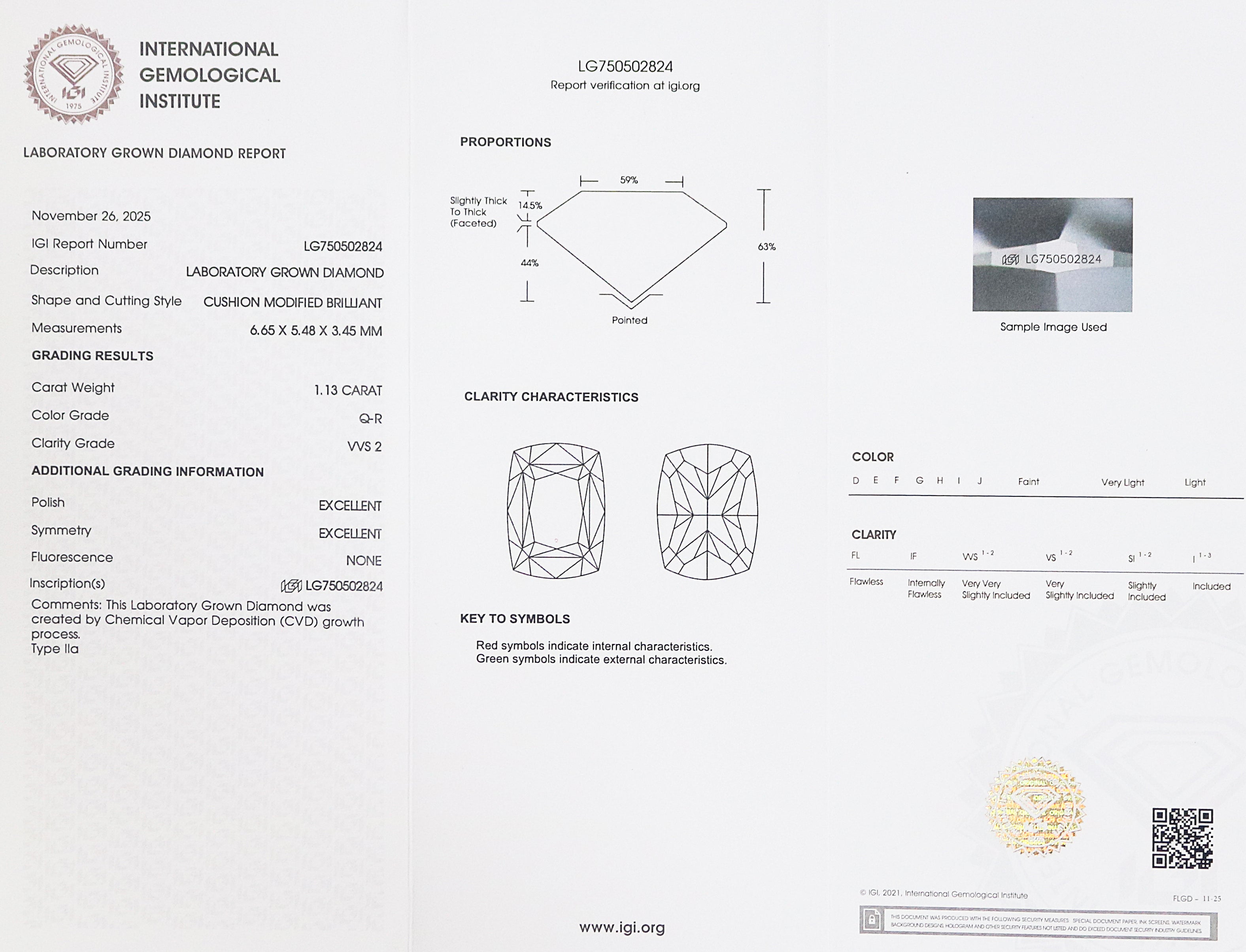 1.13 CT IGI Certified Cushion Modified Brilliant Cut Diamond Q-R Color Diamond VVS2 Clarity Lab Grown Diamond Lab Created Diamond L3481