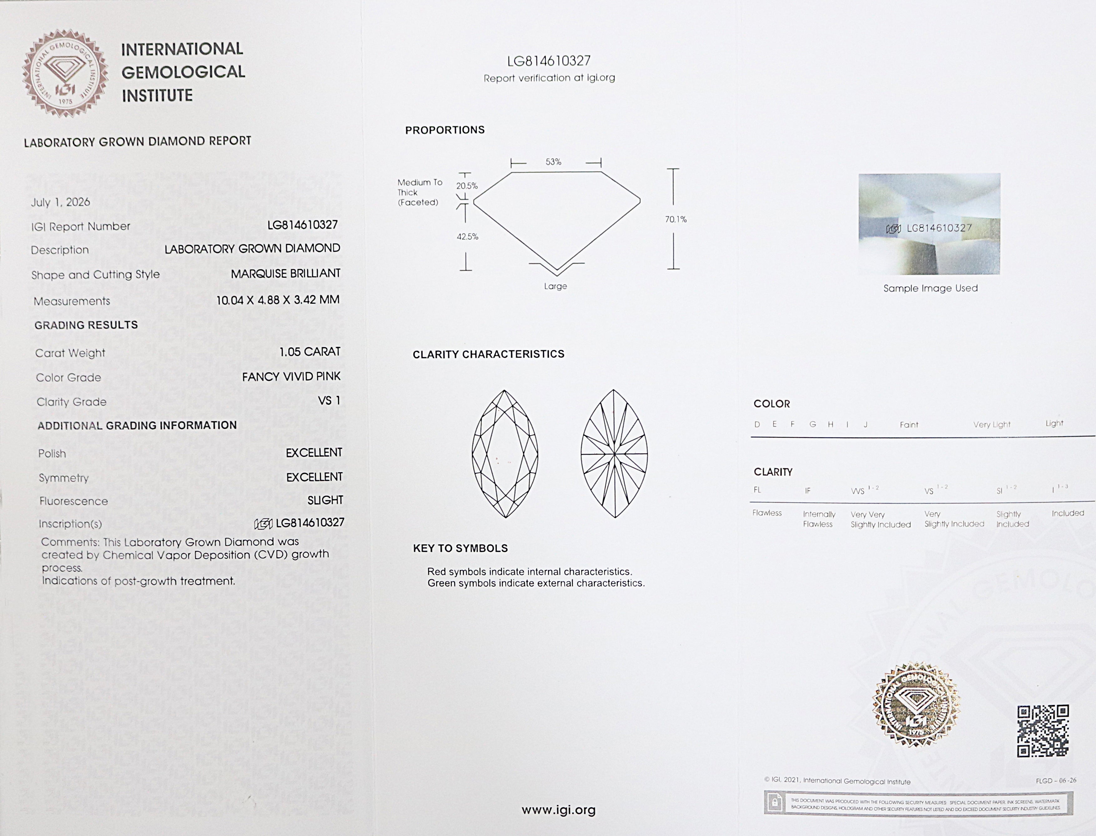 1.05 CT IGI Certified Marquise Old European Cut Diamond Fancy Vivid Pink Color VS1 Clarity Lab Grown Diamond Lab Created Diamond L3664