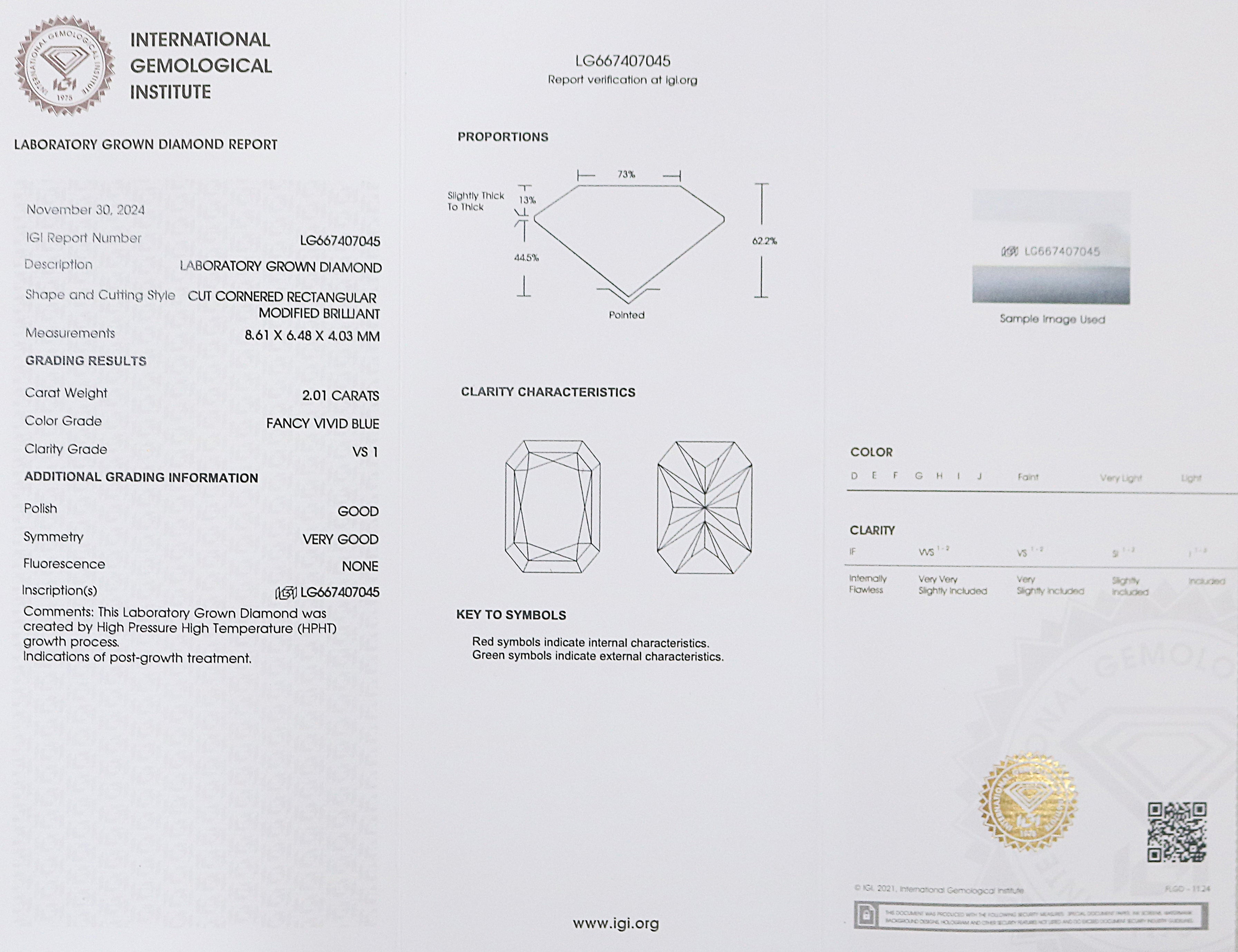 2.01 CT IGI Certified Rectangular Modified Brilliant Cut Fancy Vivid Blue Color VS1 Clarity Diamond Lab Grown CVD Lab Created Diamond L3211