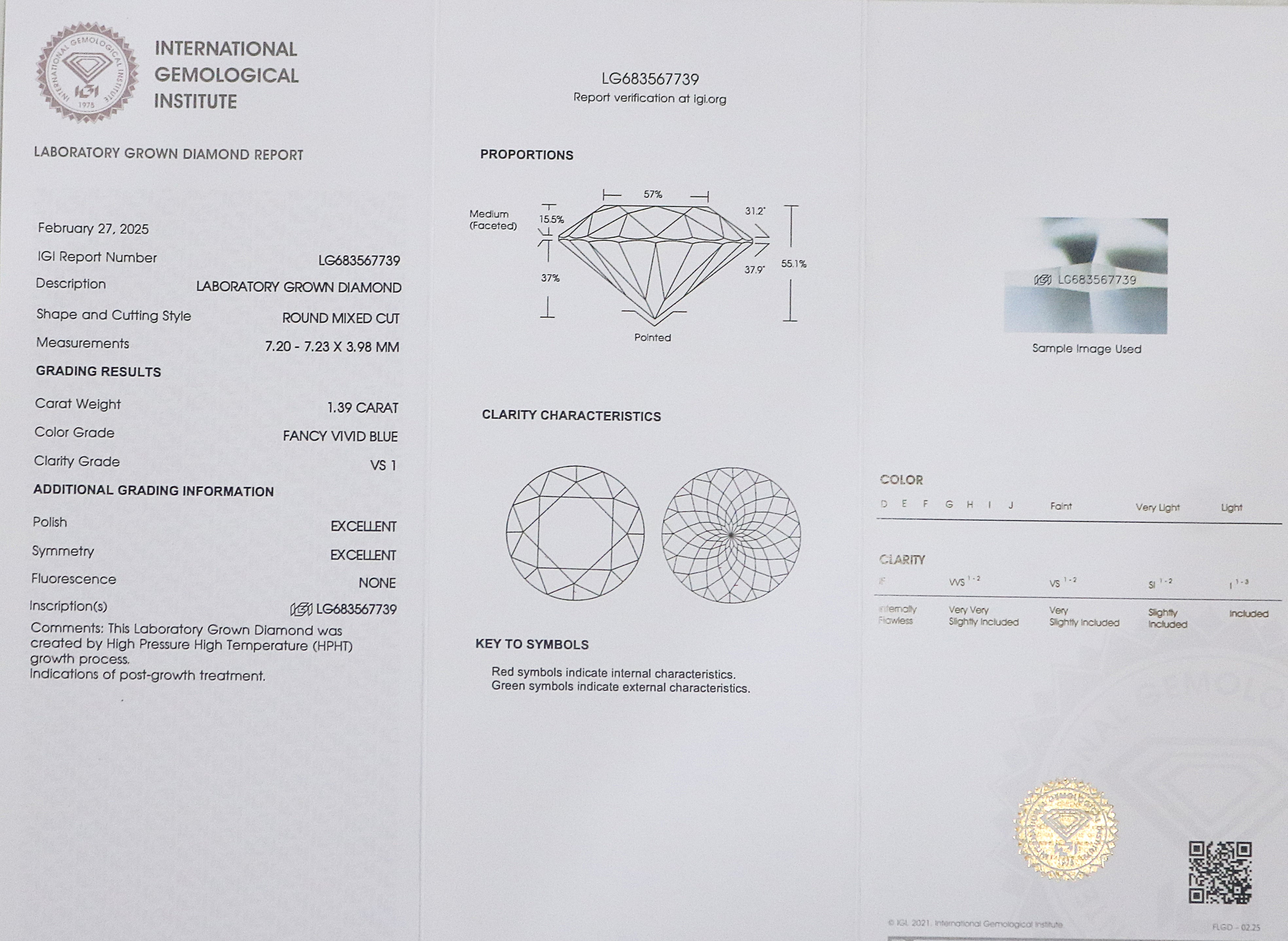 1.39 CT IGI Certified Round Portuguese Cut Diamond Fancy Vivid Blue Color VS1 Clarity Lab Grown Created Round Mixed Cut CVD Diamond L3290