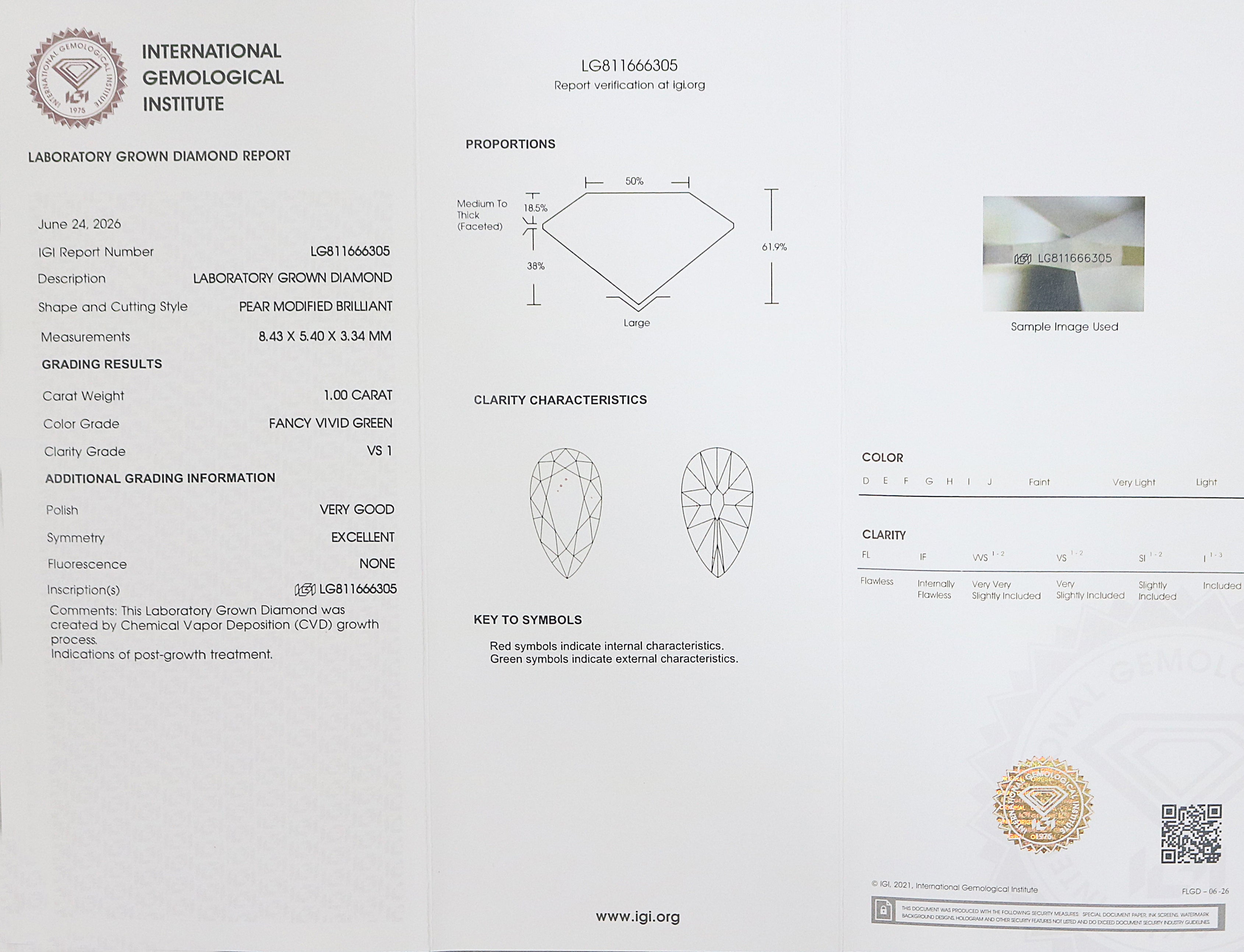 1.00 CT IGI Certified Pear Old European Cut Diamond Fancy Vivid Green Color VS1 Clarity Lab Grown Diamond Lab Created Lab Diamond L3676