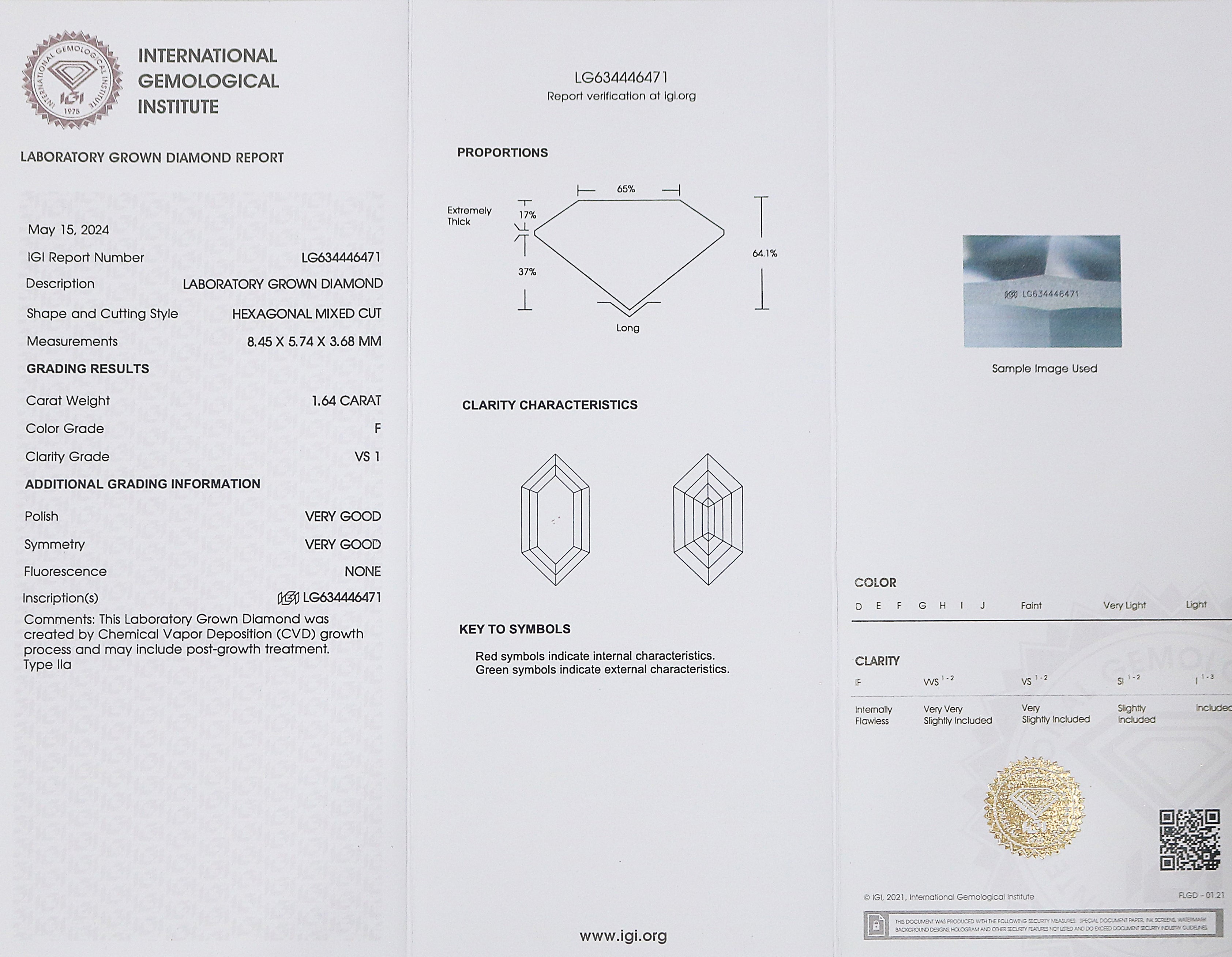 1.64 CT IGI Certified Hexagonal Mixed Cut Diamond White - F Color VS1 Clarity Lab Grown CVD Diamond Lab Created Loose Hexagon Diamond Q173