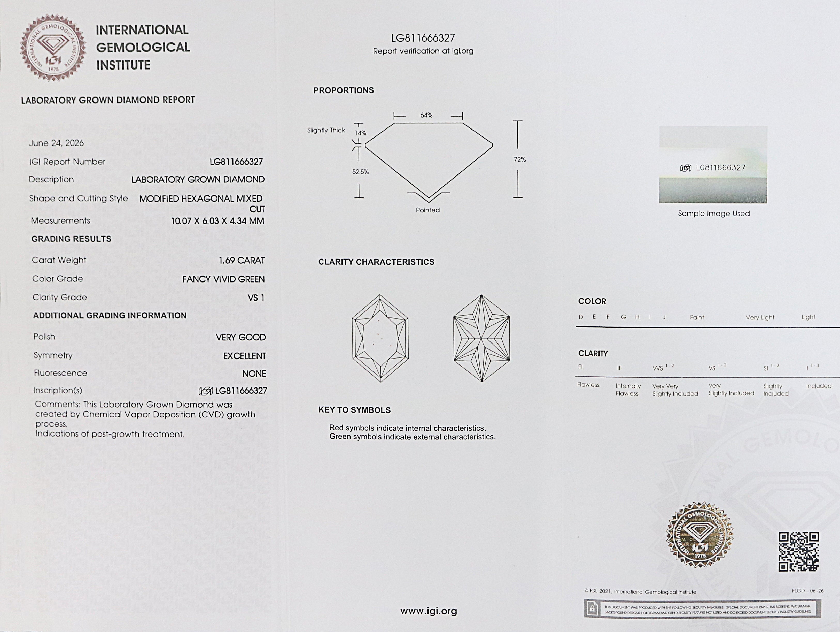 1.69 CT IGI Certified Hexagon Old European Cut Diamond Fancy Vivid Green Color VS1 Clarity Lab Grown Diamond Lab Created Diamond L3673