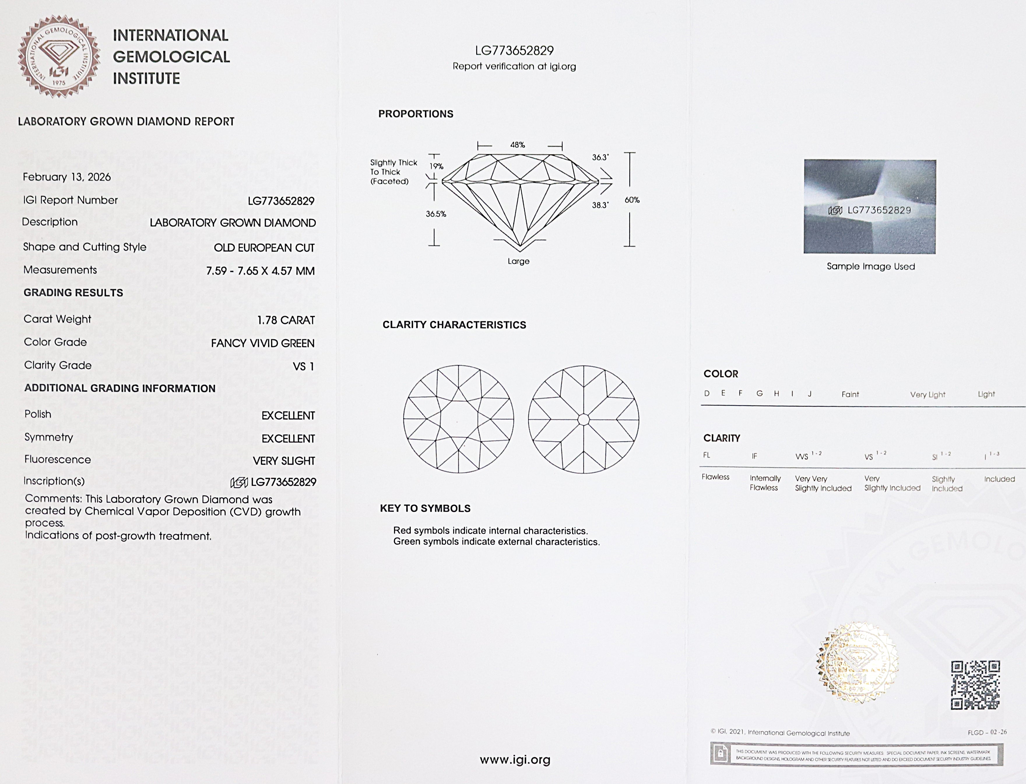 1.78 CT IGI Certified Round Old European Cut Diamond Fancy Vivid Green Color VS1 Clarity Lab Grown Diamond Lab Created Lab Diamond L3574