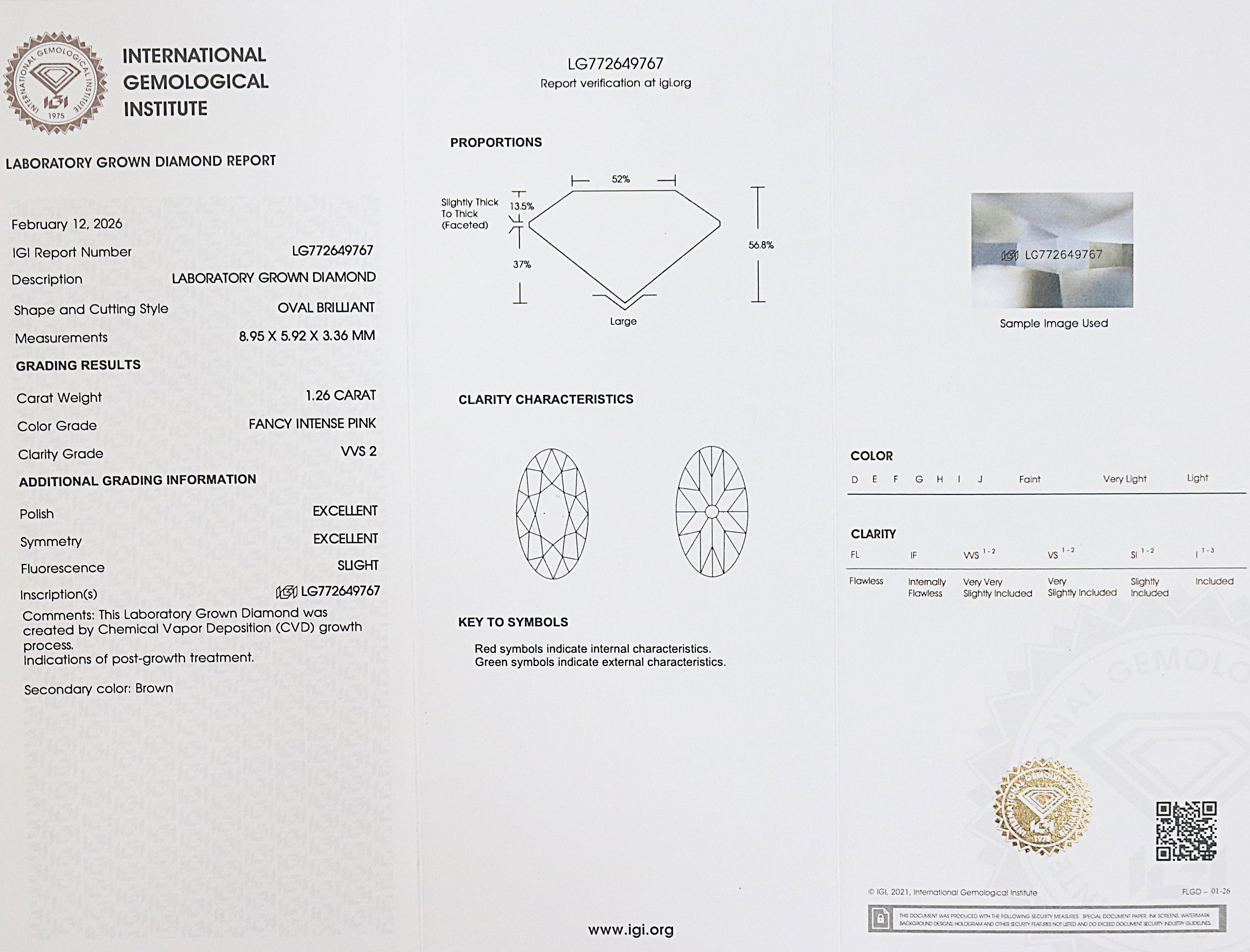 1.26 CT IGI Certified Oval Old European Cut Diamond Fancy Intense Pink Color VVS2 Clarity Lab Grown Diamond Lab Created CVD Diamond L3576