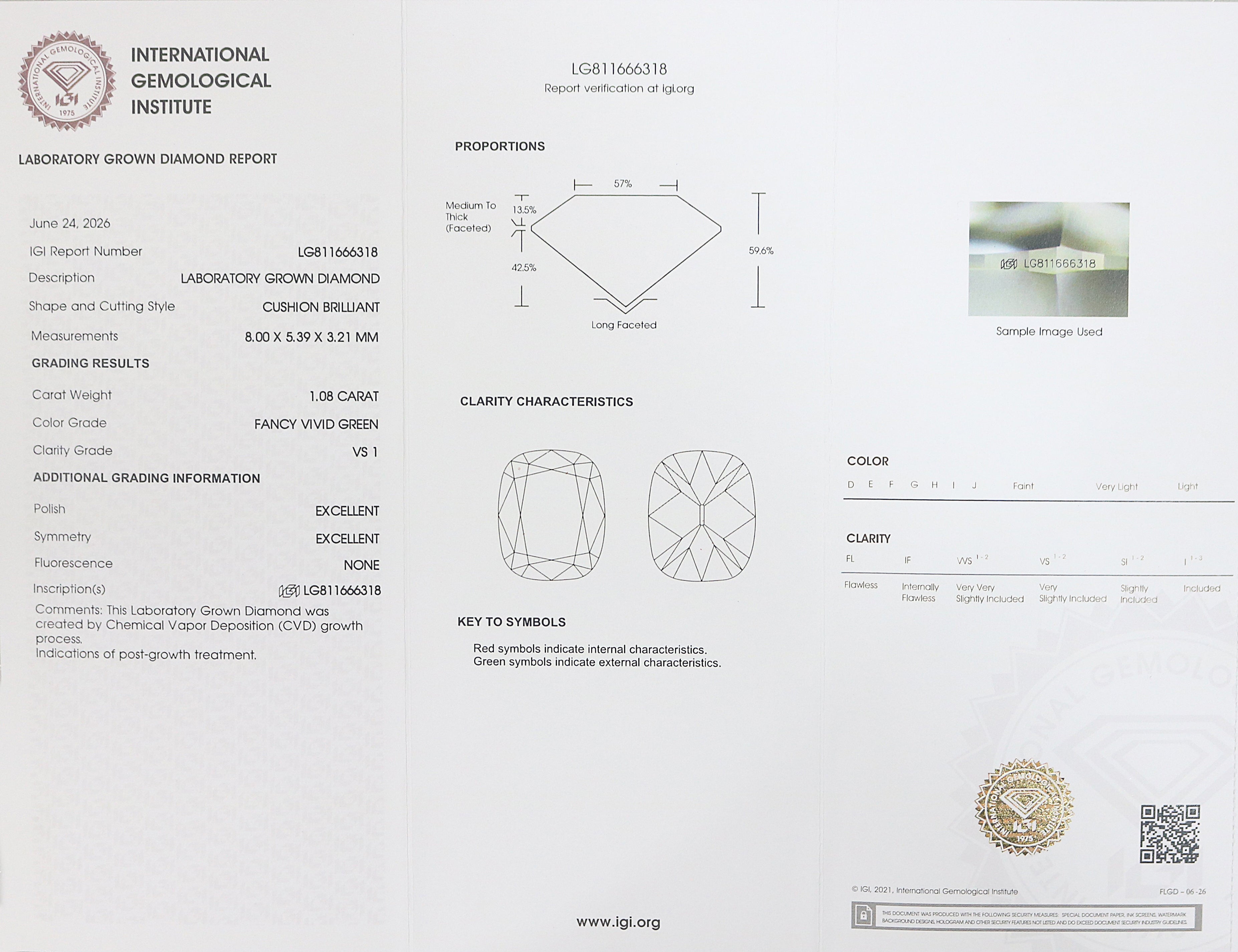 1.08 CT IGI Certified Cushion Old European Cut Diamond Fancy Vivid Green Color VS1 Clarity Lab Grown Diamond Lab Created Lab Diamond L3666