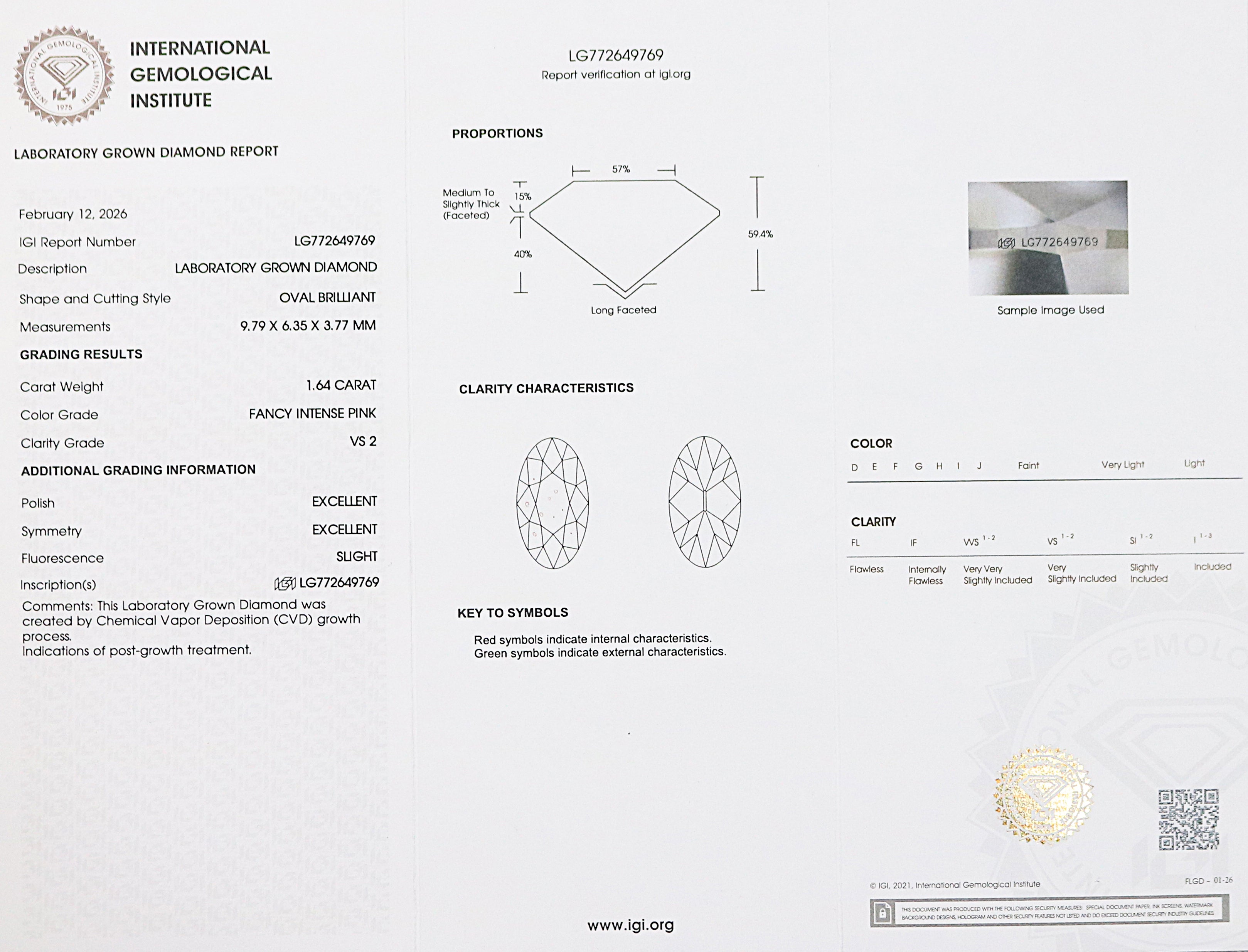 1.64 CT IGI Certified Oval Old European Cut Diamond Fancy Intense Pink Color VS2 Clarity Diamond Lab Grown Diamond Lab Created Diamond L3572