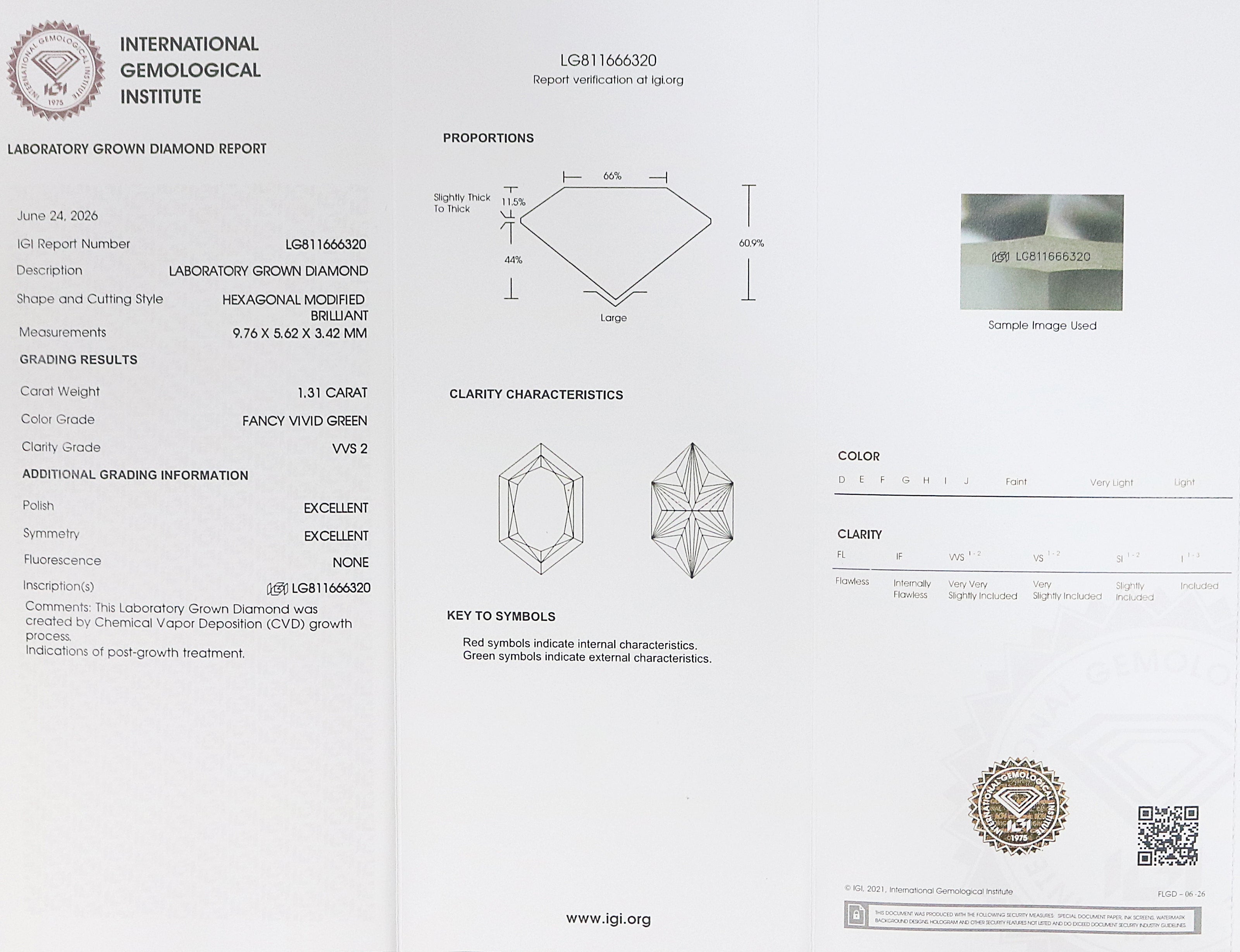 1.31 CT IGI Certified Hexagon Old European Cut Diamond Fancy Vivid Green Color VVS2 Clarity Lab Grown Diamond Lab Created Diamond L3671