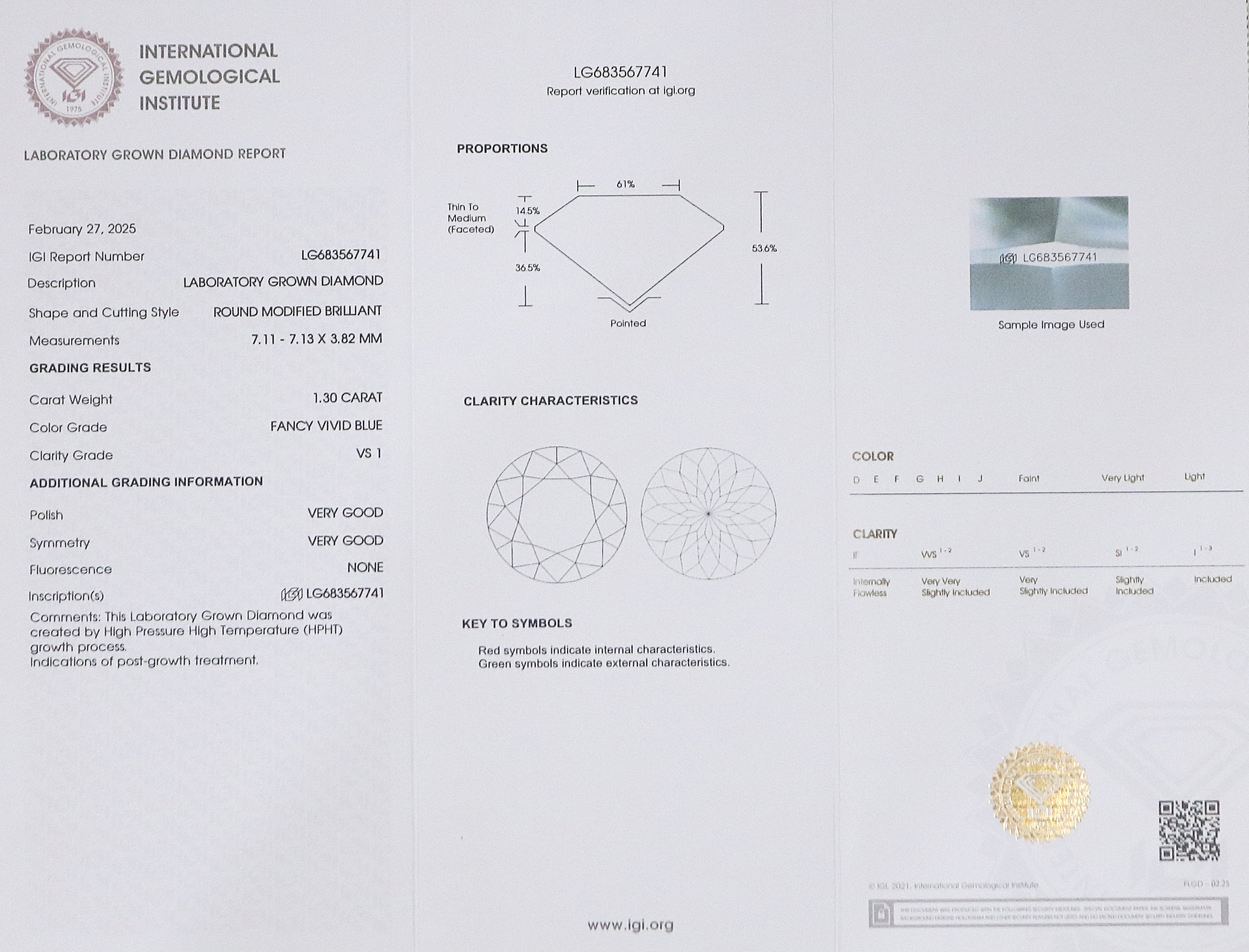 1.30 CT IGI Certified Round Portuguese Cut Diamond Fancy Vivid Blue Color VS1 Clarity Lab Grown Created Round Modified CVD Diamond L3297